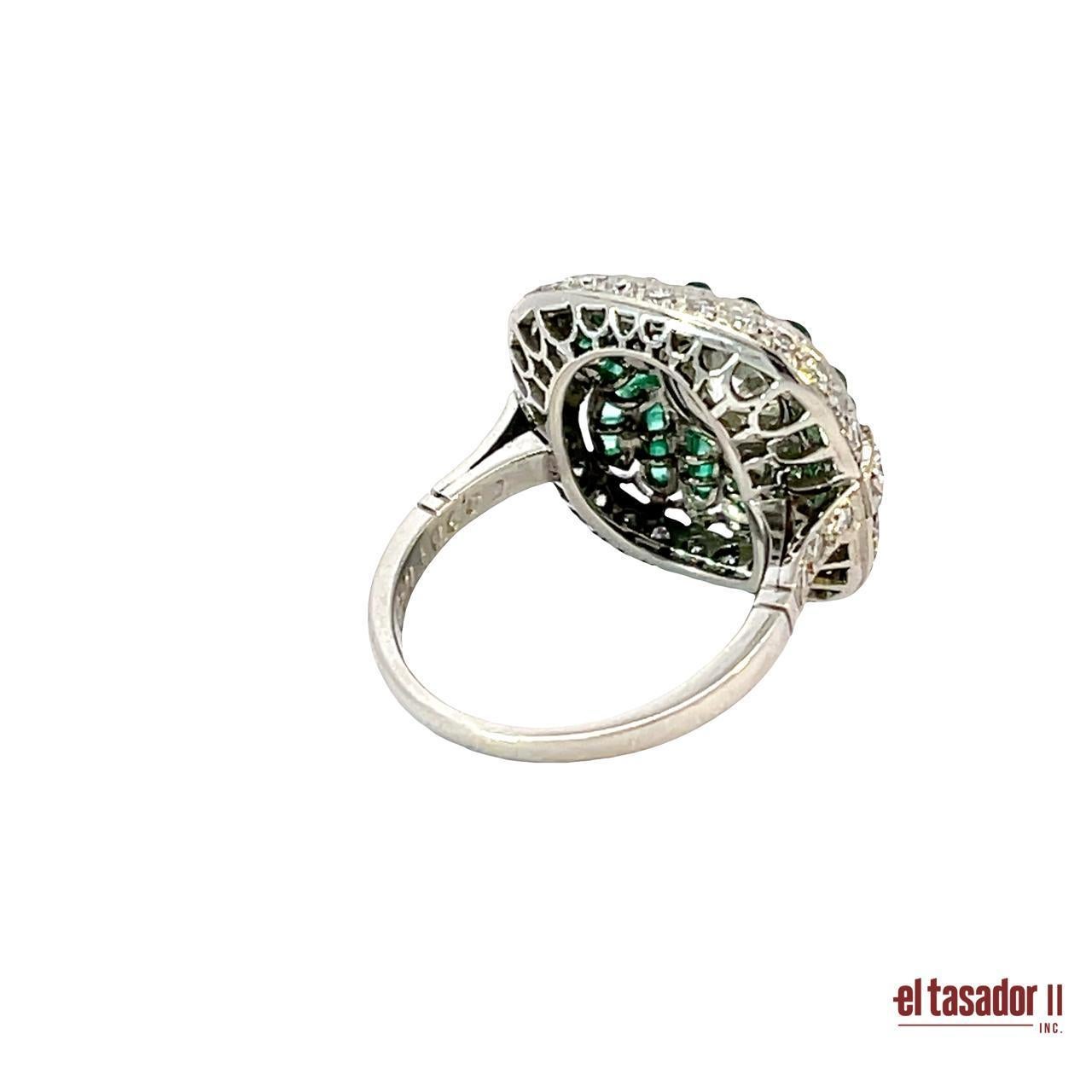 Art Deco Platinum Galbé Ring – 0.90ct Diamond, Cabochon Emeralds and Diamond Accents For Sale