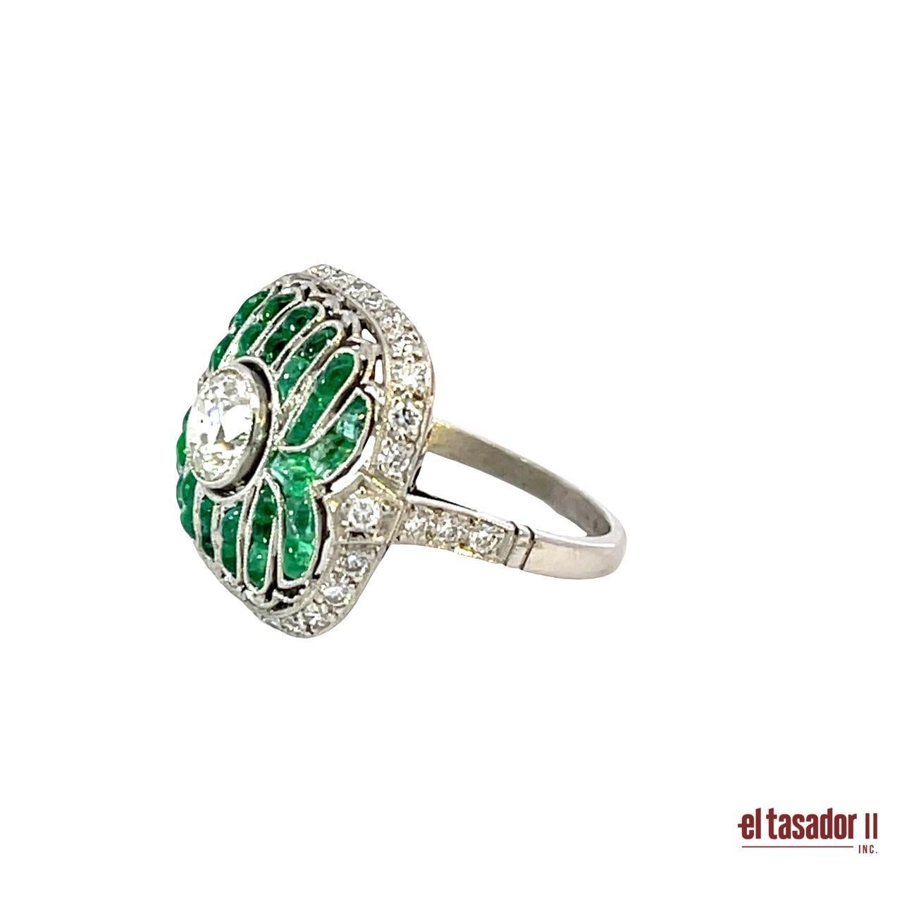Brilliant Cut Platinum Galbé Ring – 0.90ct Diamond, Cabochon Emeralds and Diamond Accents For Sale