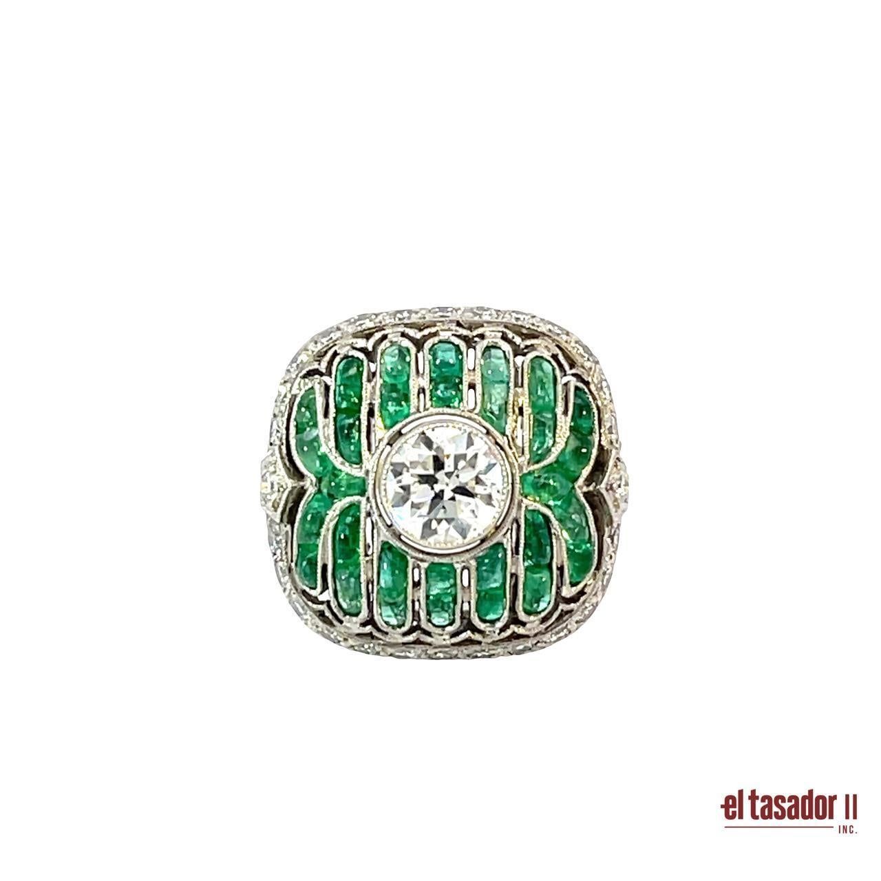 Platinum Galbé Ring – 0.90ct Diamond, Cabochon Emeralds and Diamond Accents In New Condition For Sale In Aventura, FL