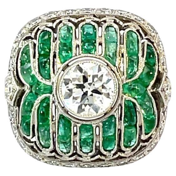 Platinum Galbé Ring – 0.90ct Diamond, Cabochon Emeralds and Diamond Accents For Sale