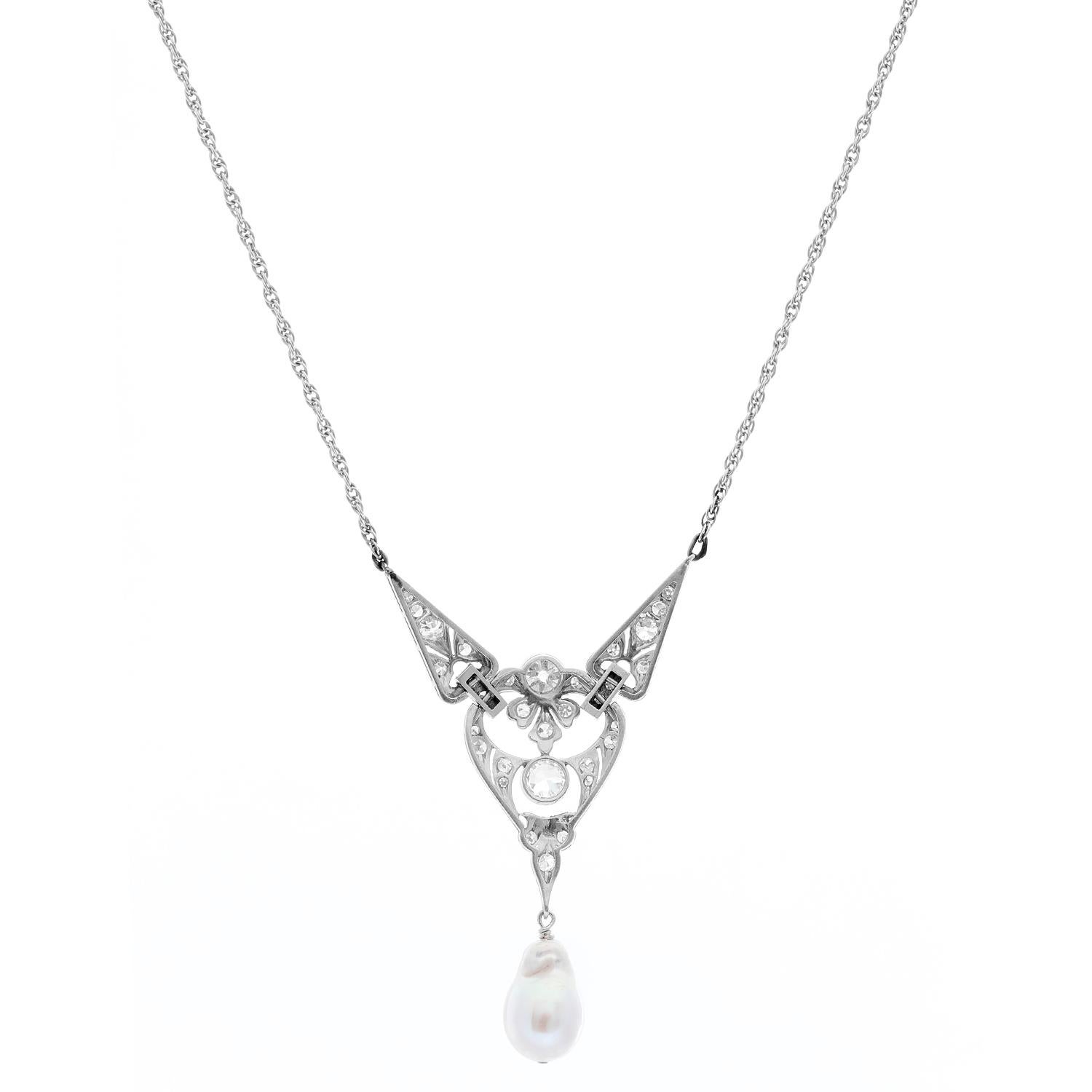 Edwardian Platinum Garland Style Pendant on White Gold Chain For Sale