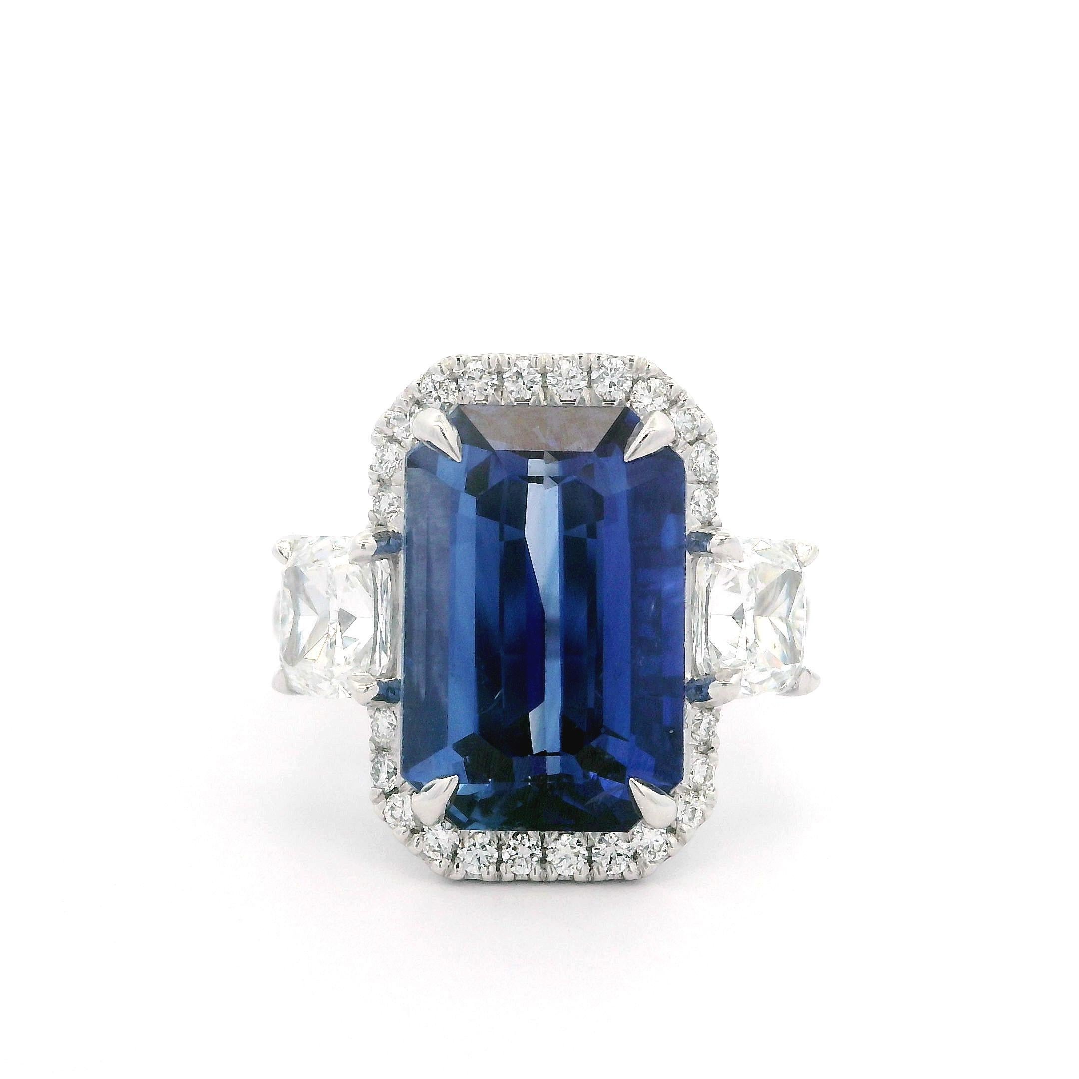 Platinum GIA 10.19ctw Elongated Emerald Cut Sapphire & Diamond Custom Made Ring For Sale 1