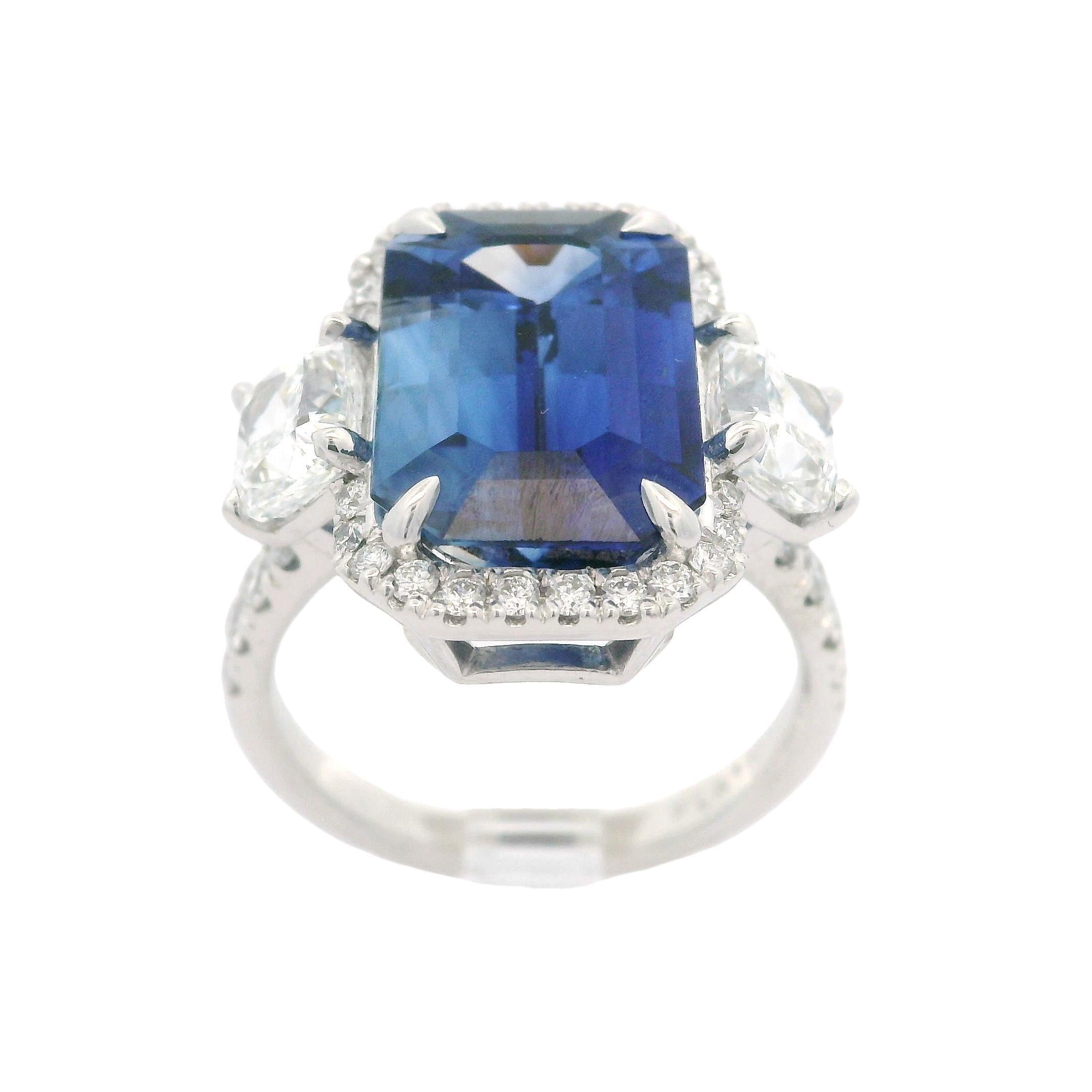 Platinum GIA 10.19ctw Elongated Emerald Cut Sapphire & Diamond Custom Made Ring For Sale 2