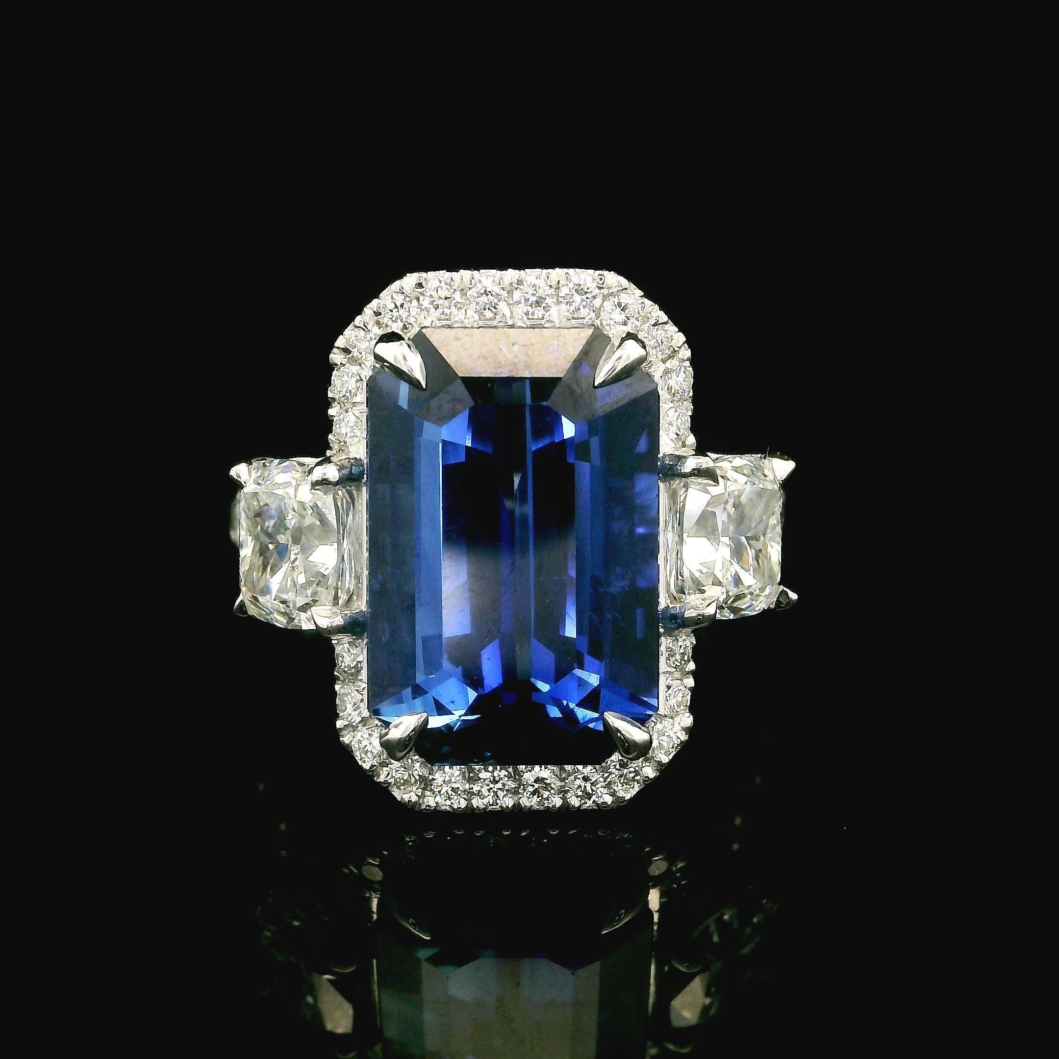 Platinum GIA 10.19ctw Elongated Emerald Cut Sapphire & Diamond Custom Made Ring For Sale 4