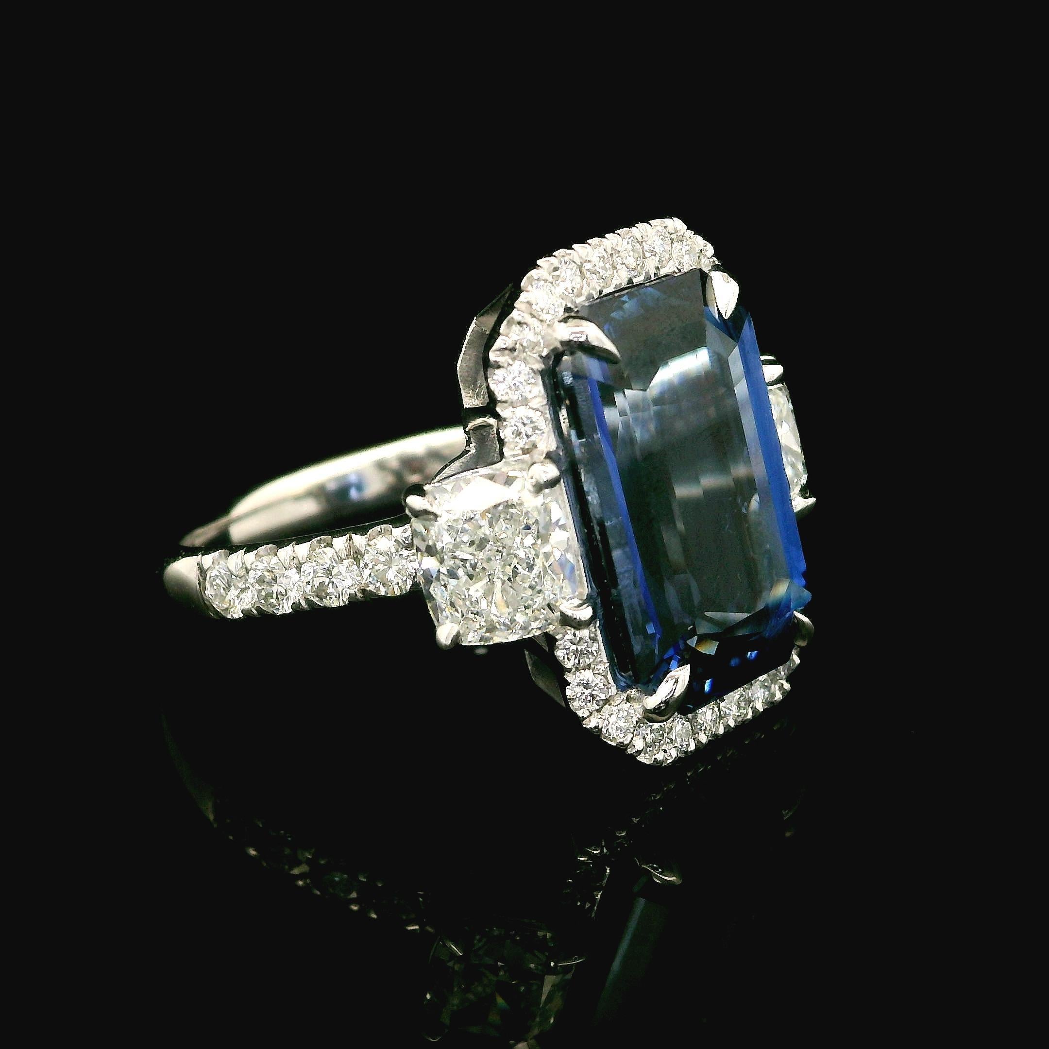 Platinum GIA 10.19ctw Elongated Emerald Cut Sapphire & Diamond Custom Made Ring For Sale 5