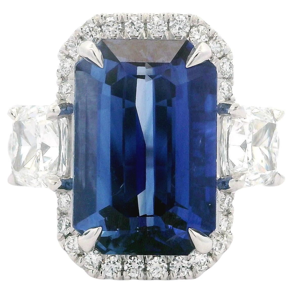 Platinum GIA 10.19ctw Elongated Emerald Cut Sapphire & Diamond Custom Made Ring For Sale