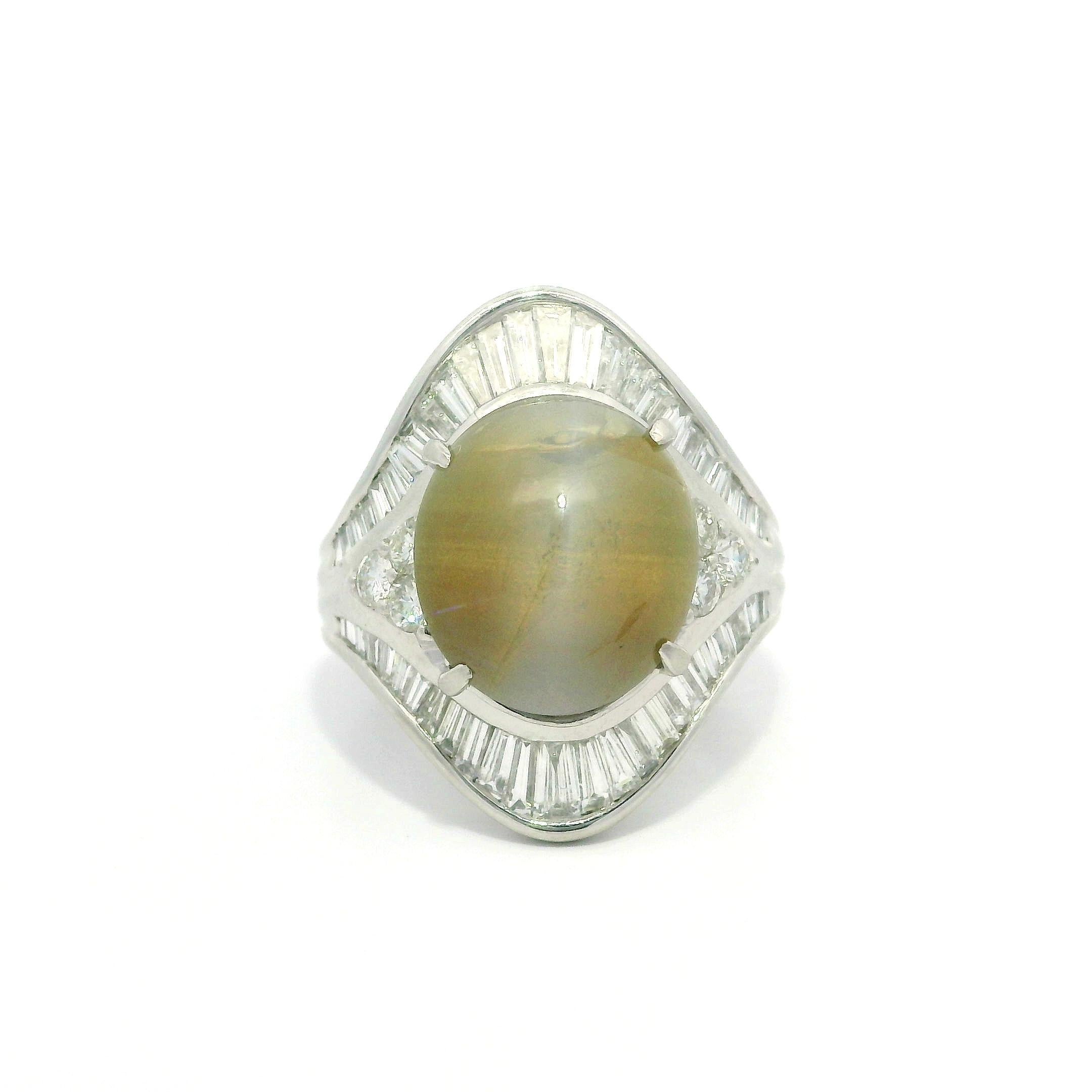 Platinum GIA 10.32ctw Cabochon Cat's Eye & Diamond Large Substantial Ring