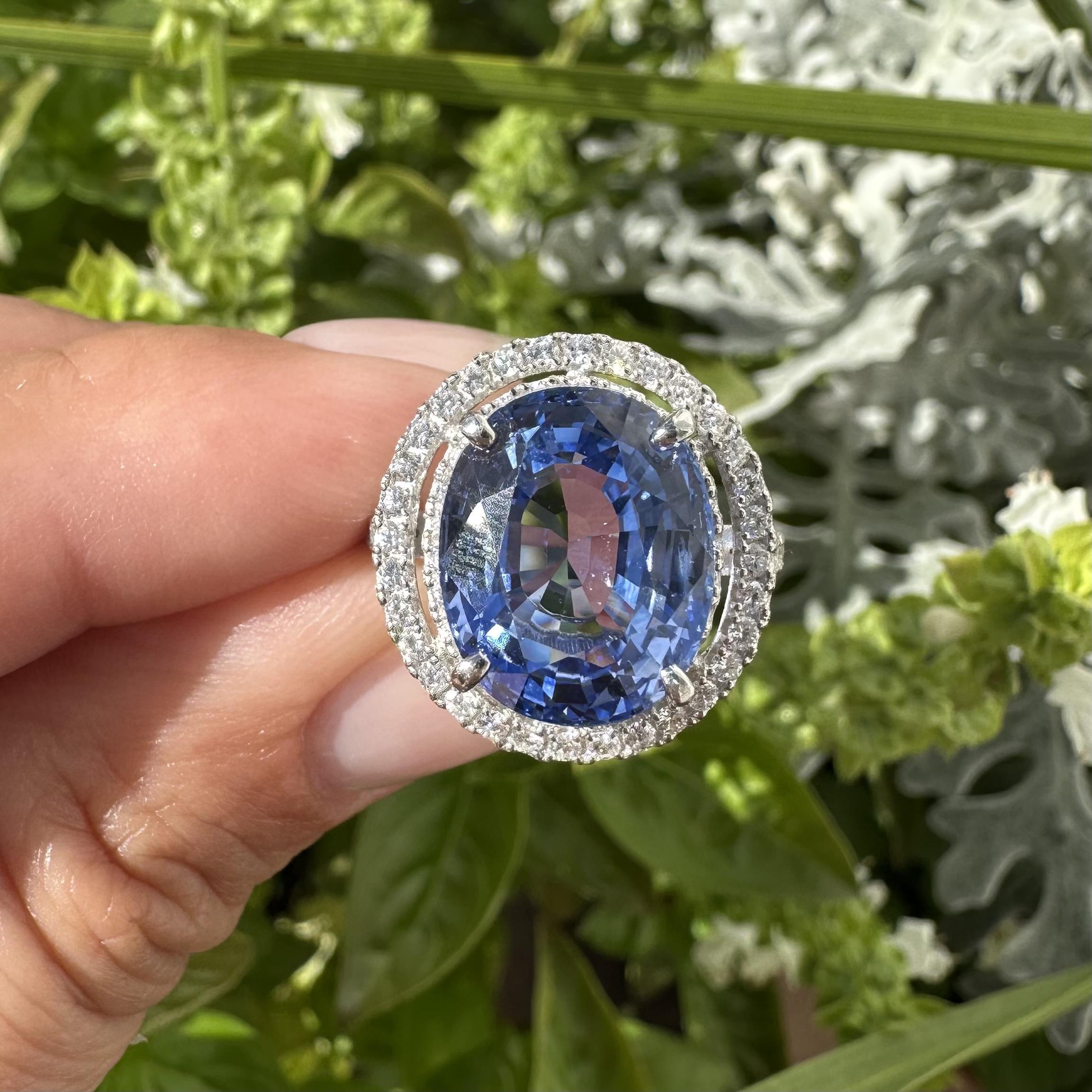Platino GIA 10,50ctw Grande zaffiro blu fiordaliso di Ceylon Anello con diamante aureolato in vendita 7
