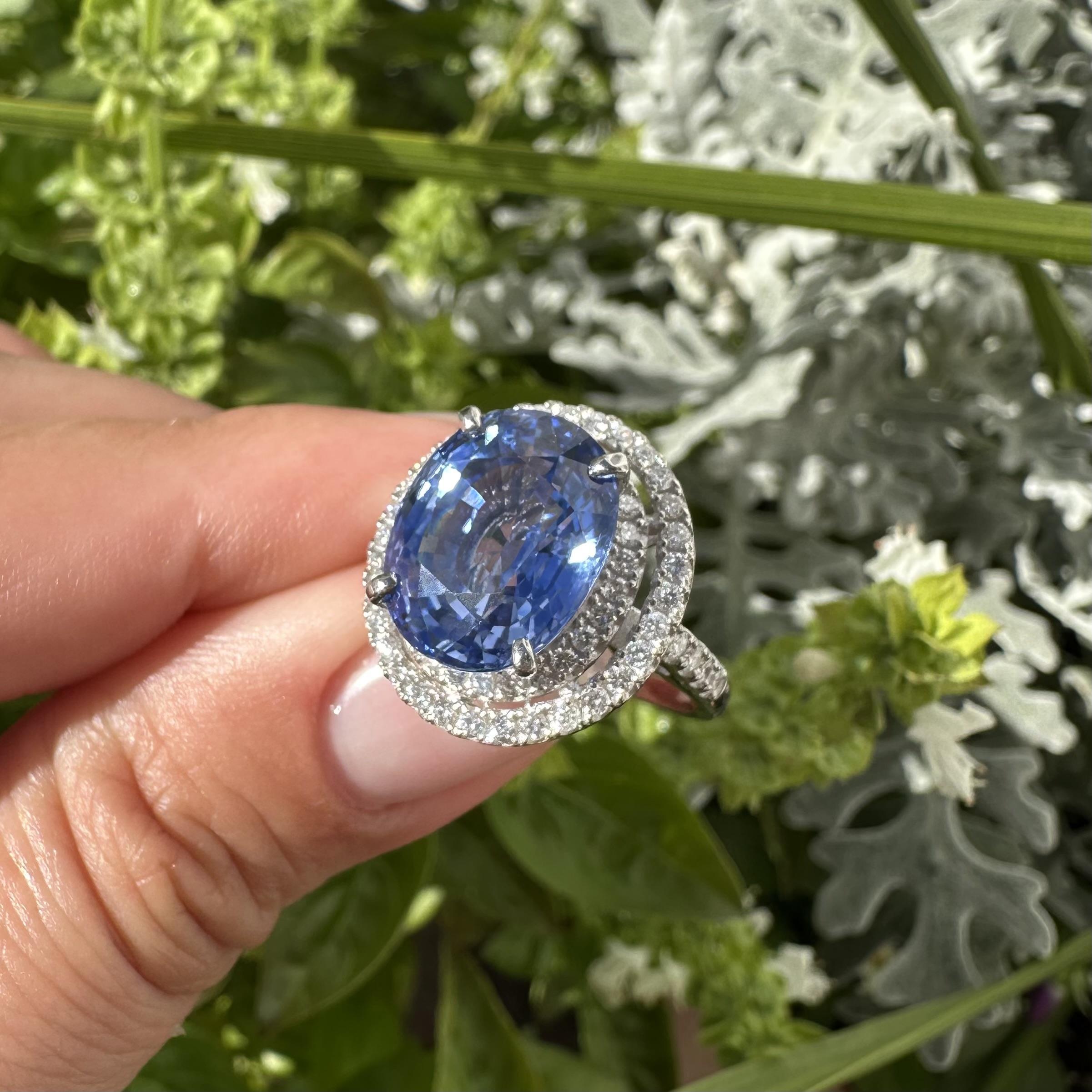 Platino GIA 10,50ctw Grande zaffiro blu fiordaliso di Ceylon Anello con diamante aureolato in vendita 8