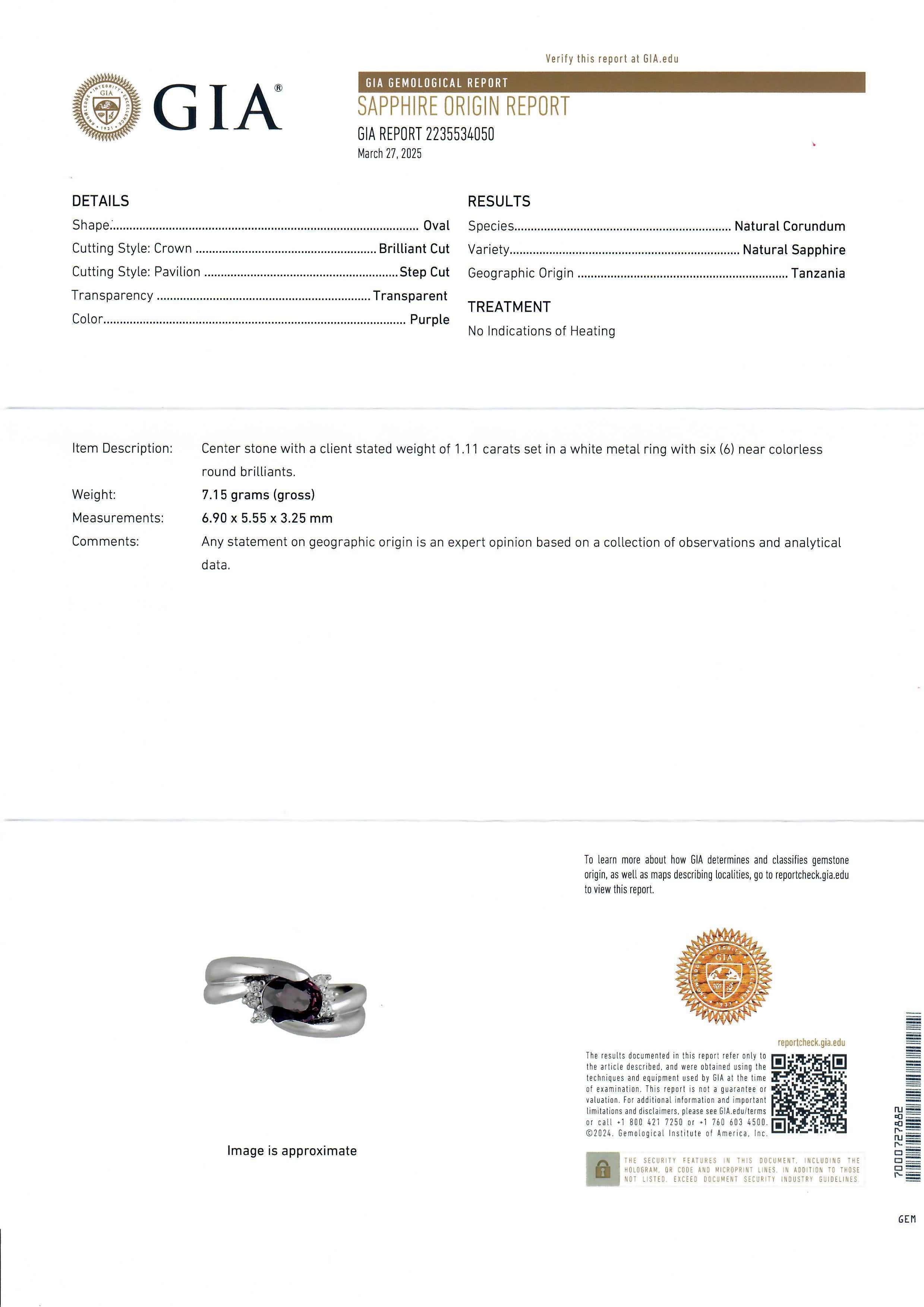 --Stone(s):--
(1) Natural Genuine Sapphire - Oval Cut - Channel Set - Purple Color - 1.11ct (exact stamped)
** See Certification Details Below for Complete Info **
(6) Natural Genuine Diamonds -Round Brilliant Cut - Prong Set - Nice White Brilliant
