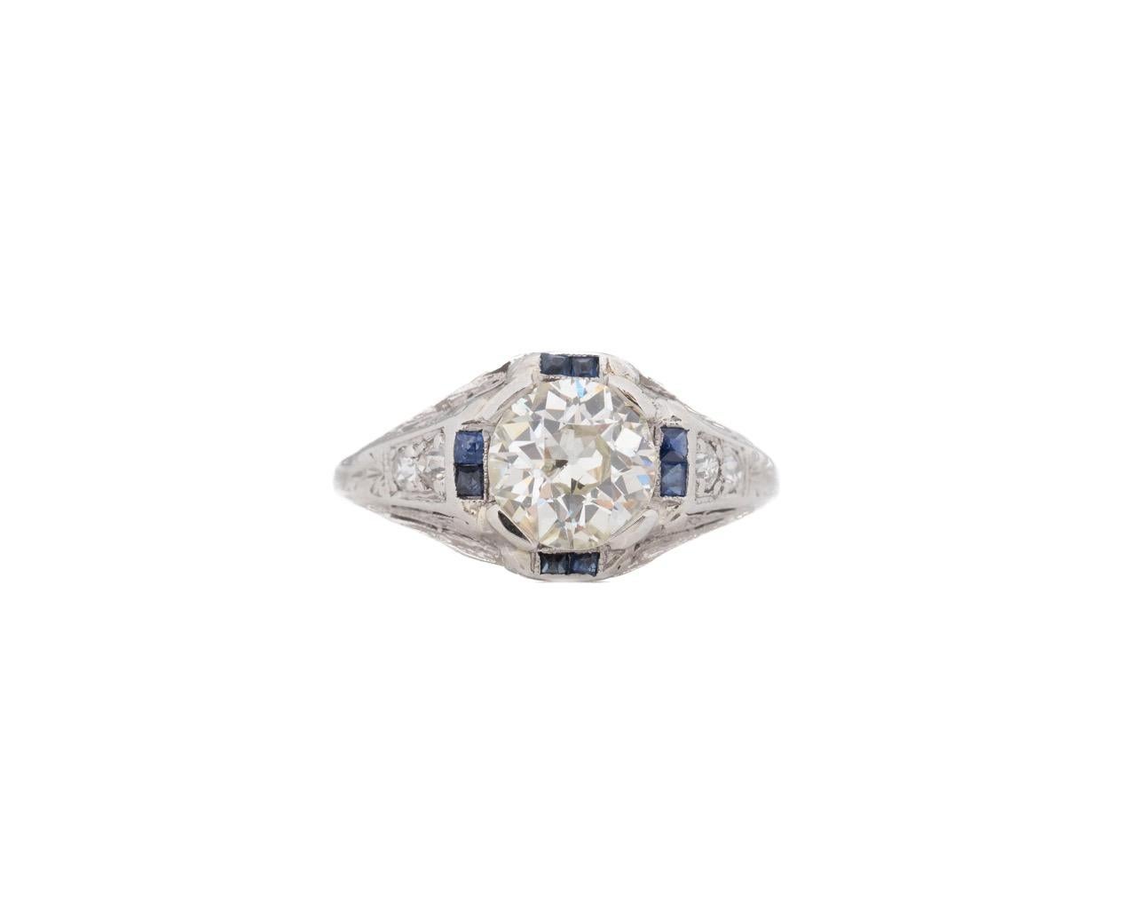 Old European Cut Platinum GIA 1.27ct Old European Brilliant Diamond and Sapphire Engagement Ring For Sale