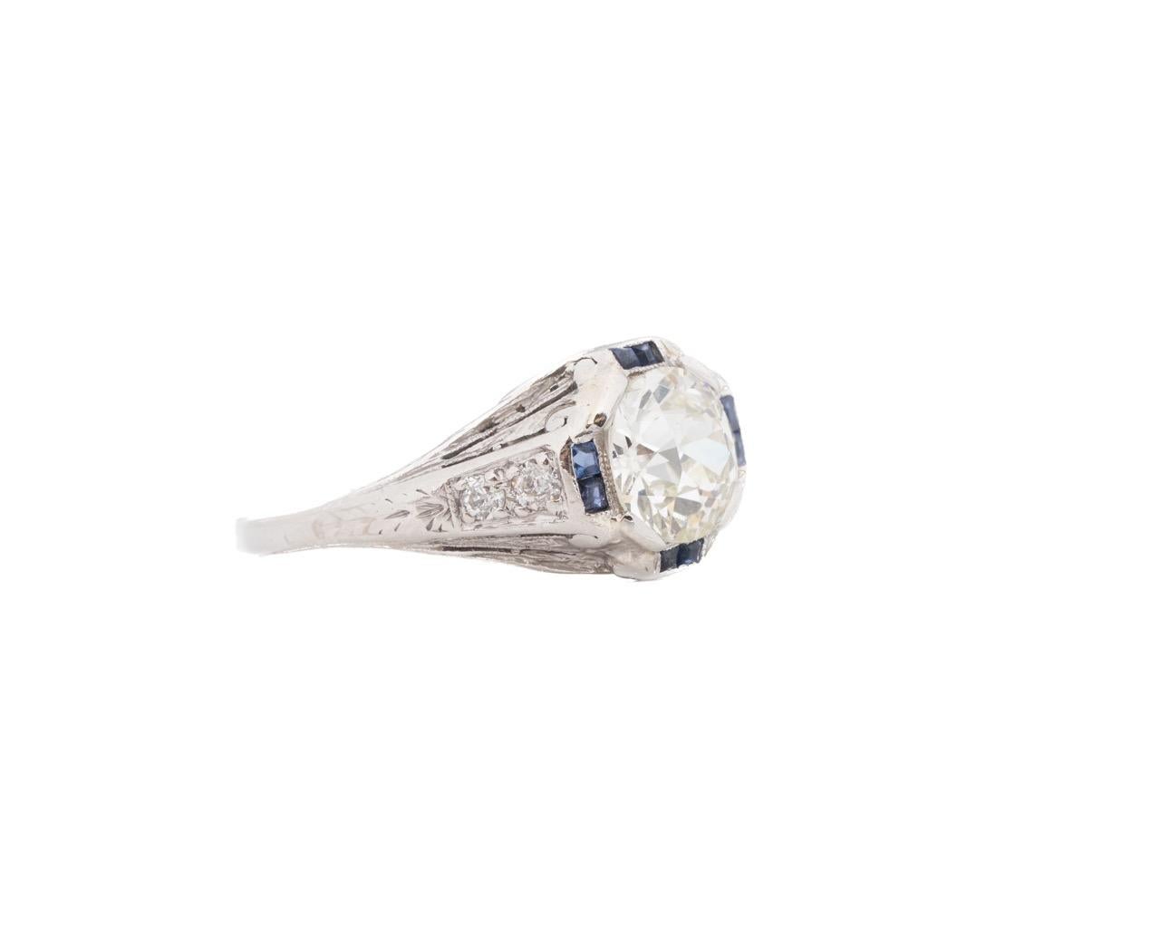 Platinum GIA 1.27ct Old European Brilliant Diamond and Sapphire Engagement Ring In Good Condition For Sale In Hicksville, NY