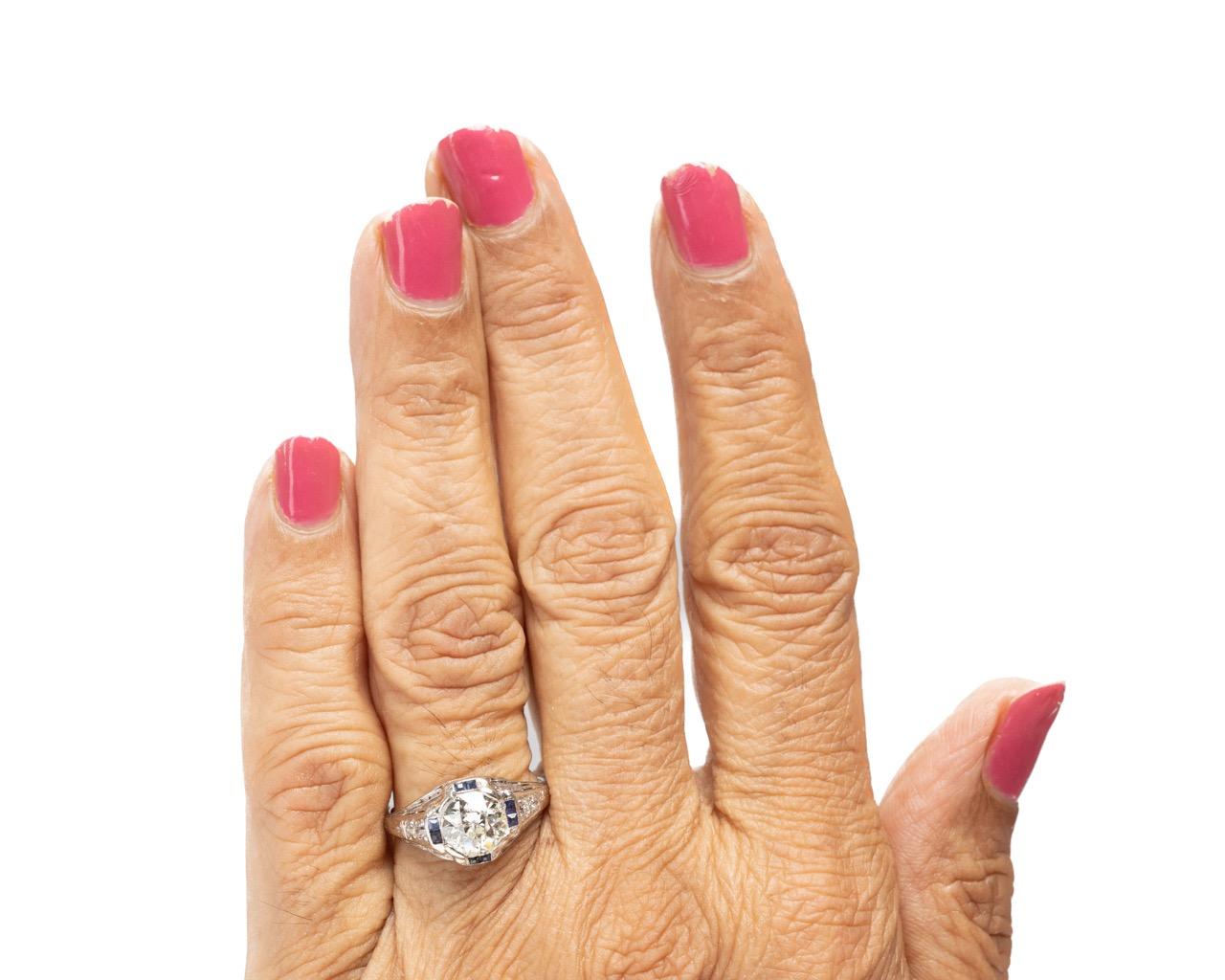 Platinum GIA 1.27ct Old European Brilliant Diamond and Sapphire Engagement Ring For Sale 1
