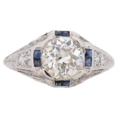 Platinum GIA 1.27ct Old European Brilliant Diamond and Sapphire Engagement Ring