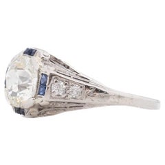 Platinum GIA 1.27ct Old European Brilliant Diamond and Sapphire Engagement Ring