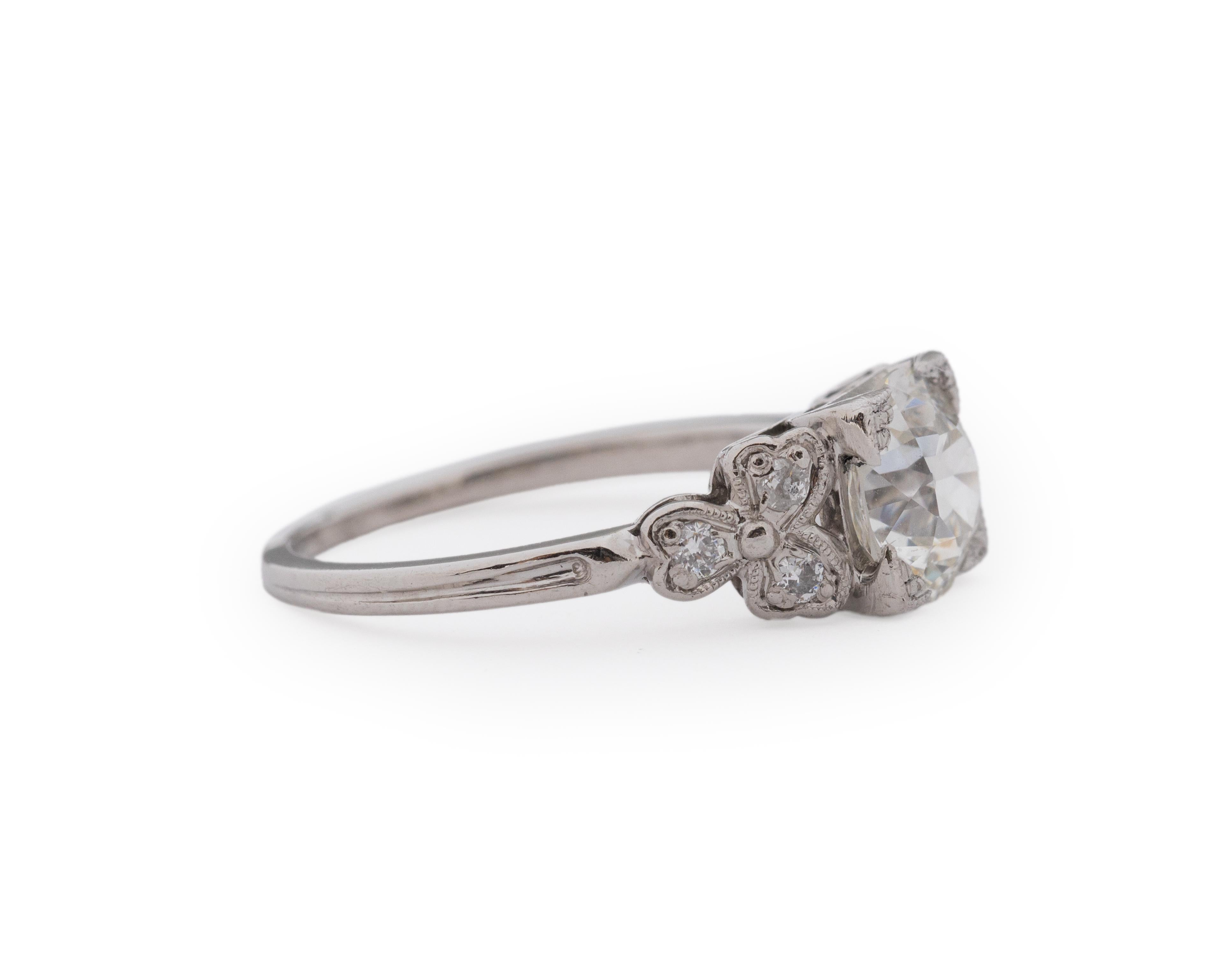 Year: 1920s

Item Details:
Ring Size: 5.5
Metal Type: Platinum [Hallmarked, and Tested]
Weight: 3.5 grams

Center Diamond Details:

GIA Report#:5231213075
Weight: 1.30ct total weight
Cut: Old European brilliant
Color: I
Clarity: VS1
Type: