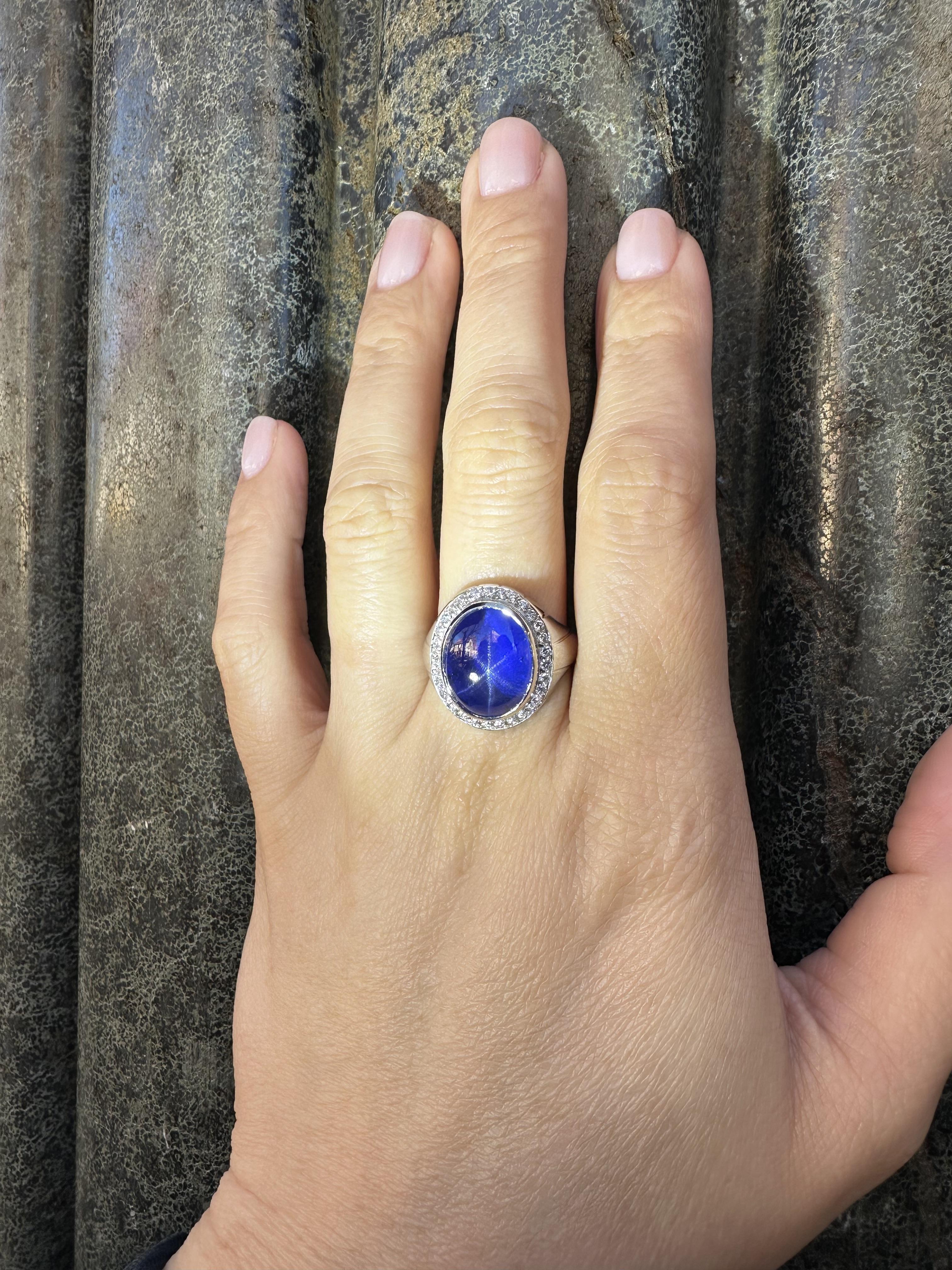 Platinum GIA 13.65ctw High Quality Blue Star Sapphire & Diamond Dual Finish Ring For Sale 6