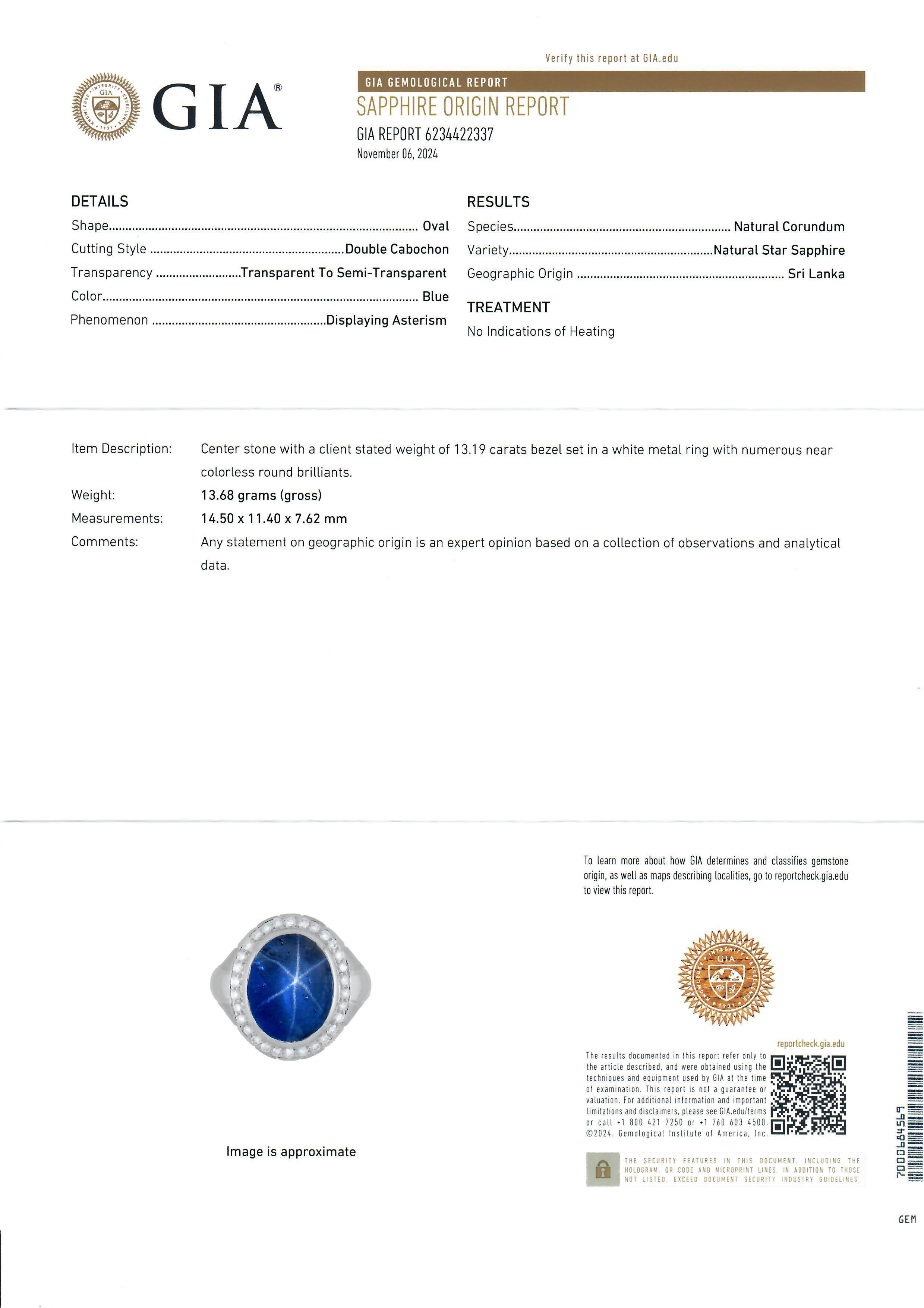 --Stone(s):--
(1) Natural Genuine Star Sapphire - Oval Cabochon Cut - Bezel Set - Incredible Clean Blue Color - No Heat- 13.19ct (exact)
** See Certification Details Below for Complete Info **
(30) Natural Genuine Diamonds - Round Brilliant Cut -