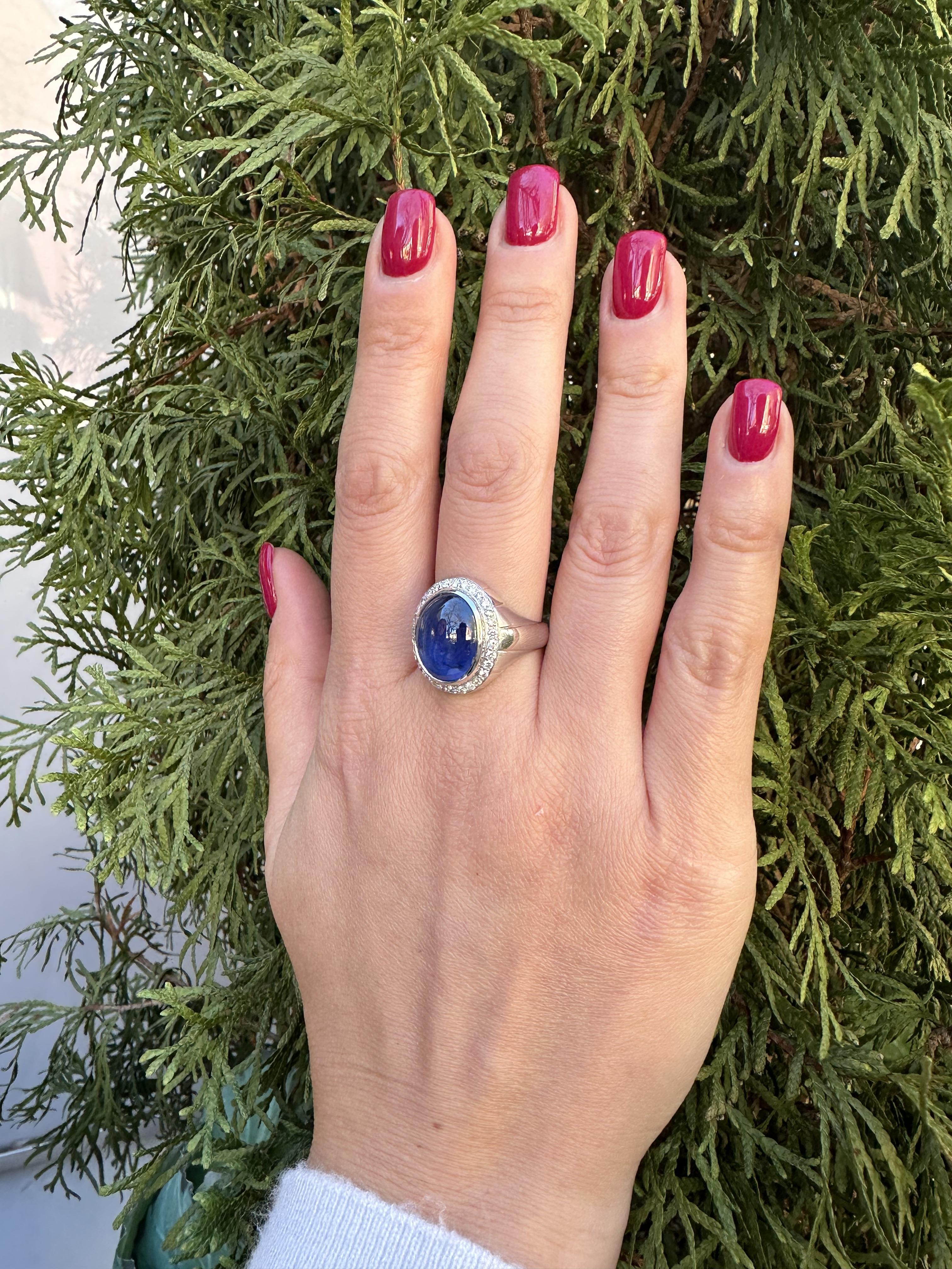Cabochon Platinum GIA 13.65ctw High Quality Blue Star Sapphire & Diamond Dual Finish Ring For Sale