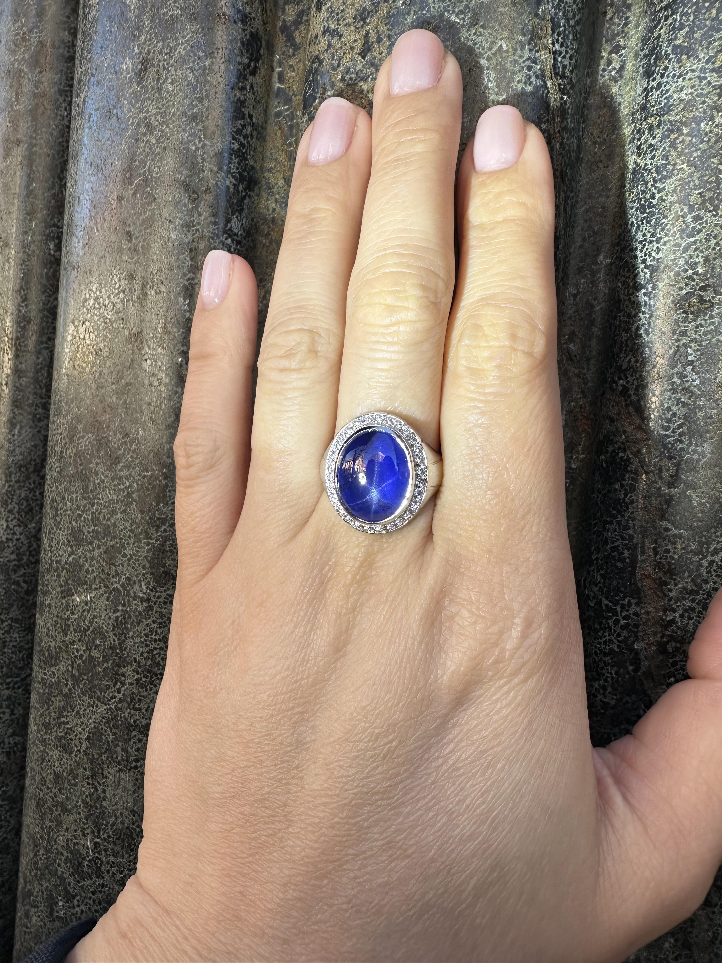 Platinum GIA 13.65ctw High Quality Blue Star Sapphire & Diamond Dual Finish Ring For Sale 4