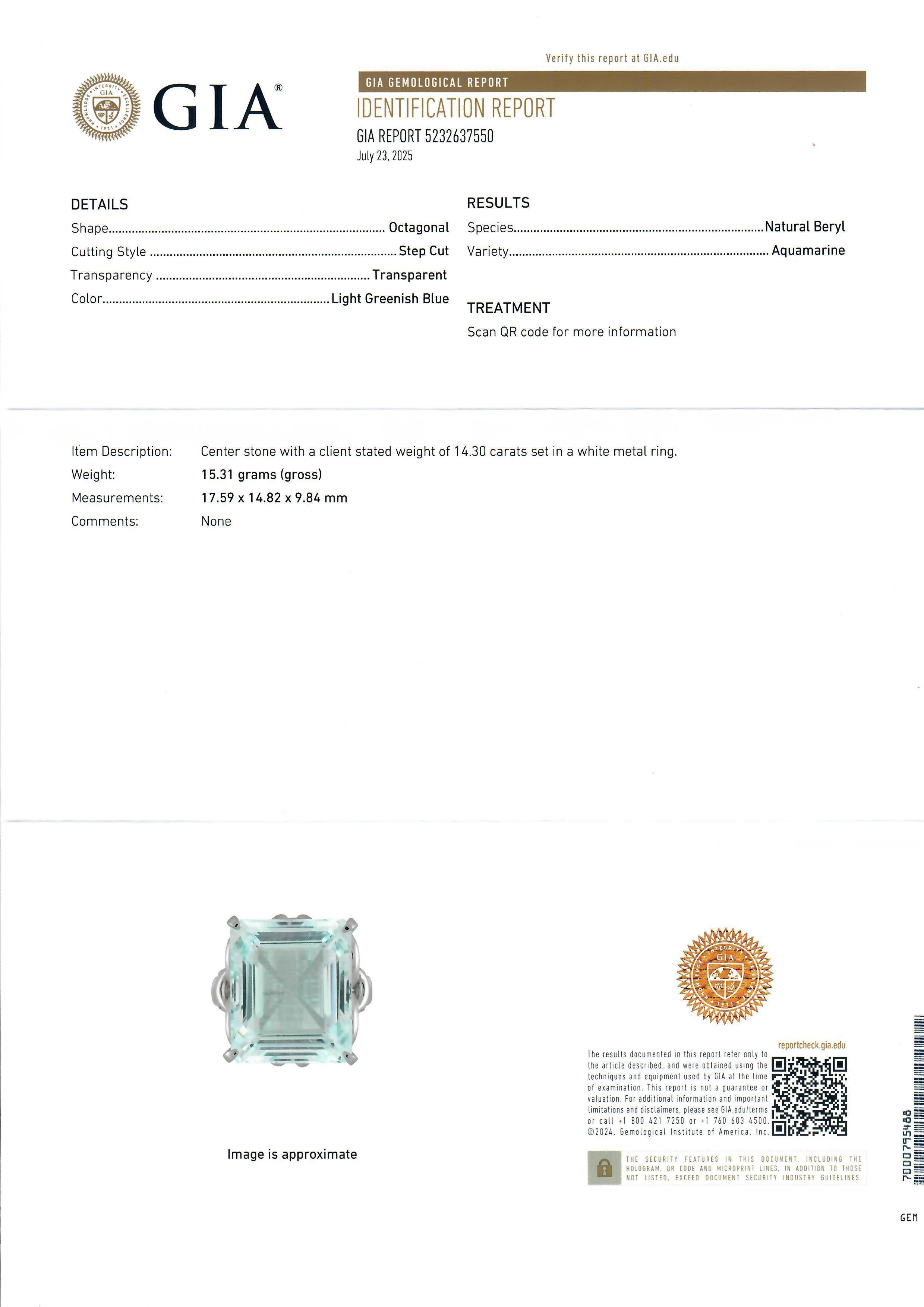 --Pietre: --
(1) Acquamarina naturale autentica - taglio rettangolare - incastonata - colore blu verdastro - 14,30ct (esatto)
*Vedi informazioni sulla certificazione qui sotto*.


Materiale: Platino solido .900+ (testato) - Testato PT900
Peso: 15,31