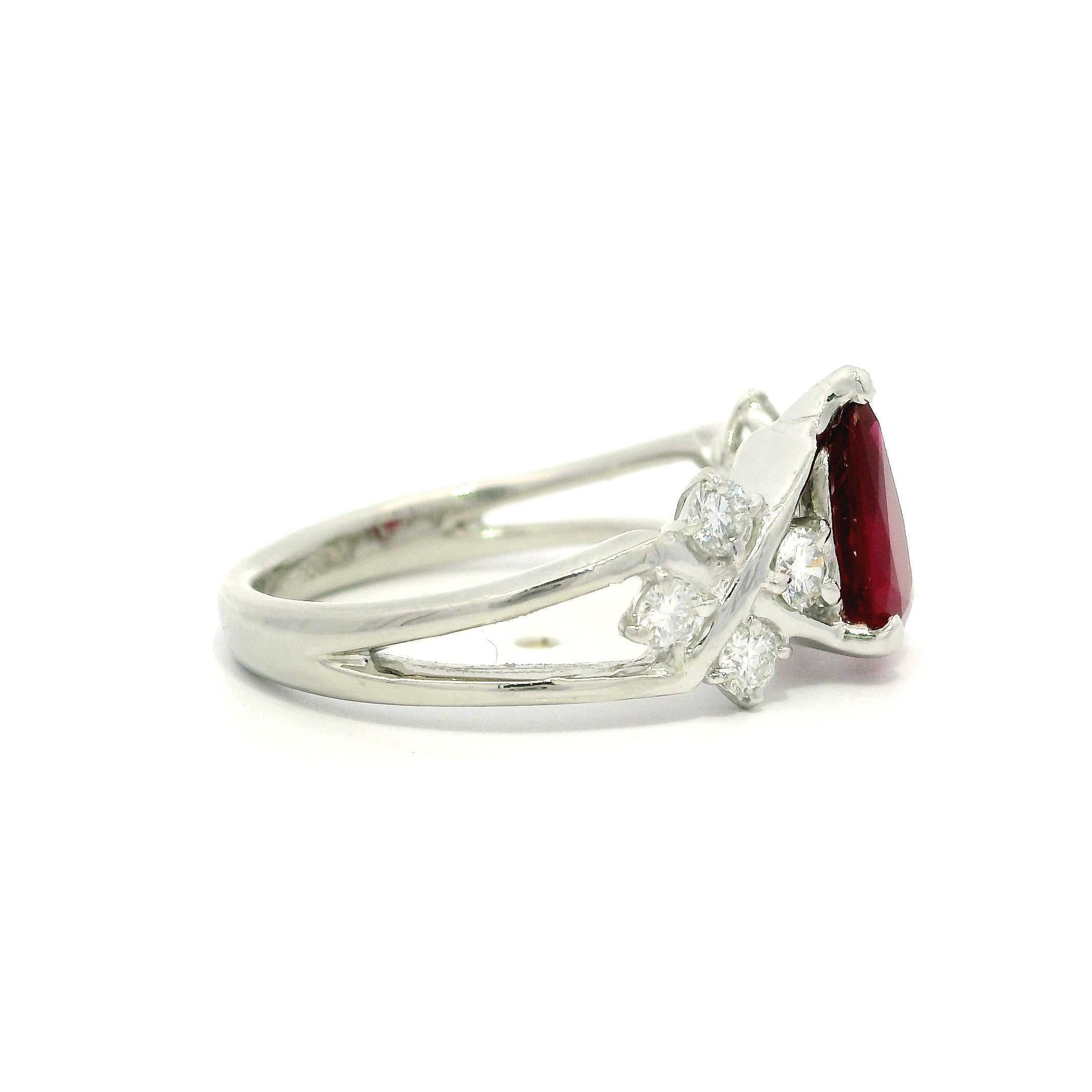 Pear Cut Platinum GIA 1.45ct Vivid Red Ruby Pear No Heat & Diamond Sides Ring For Sale