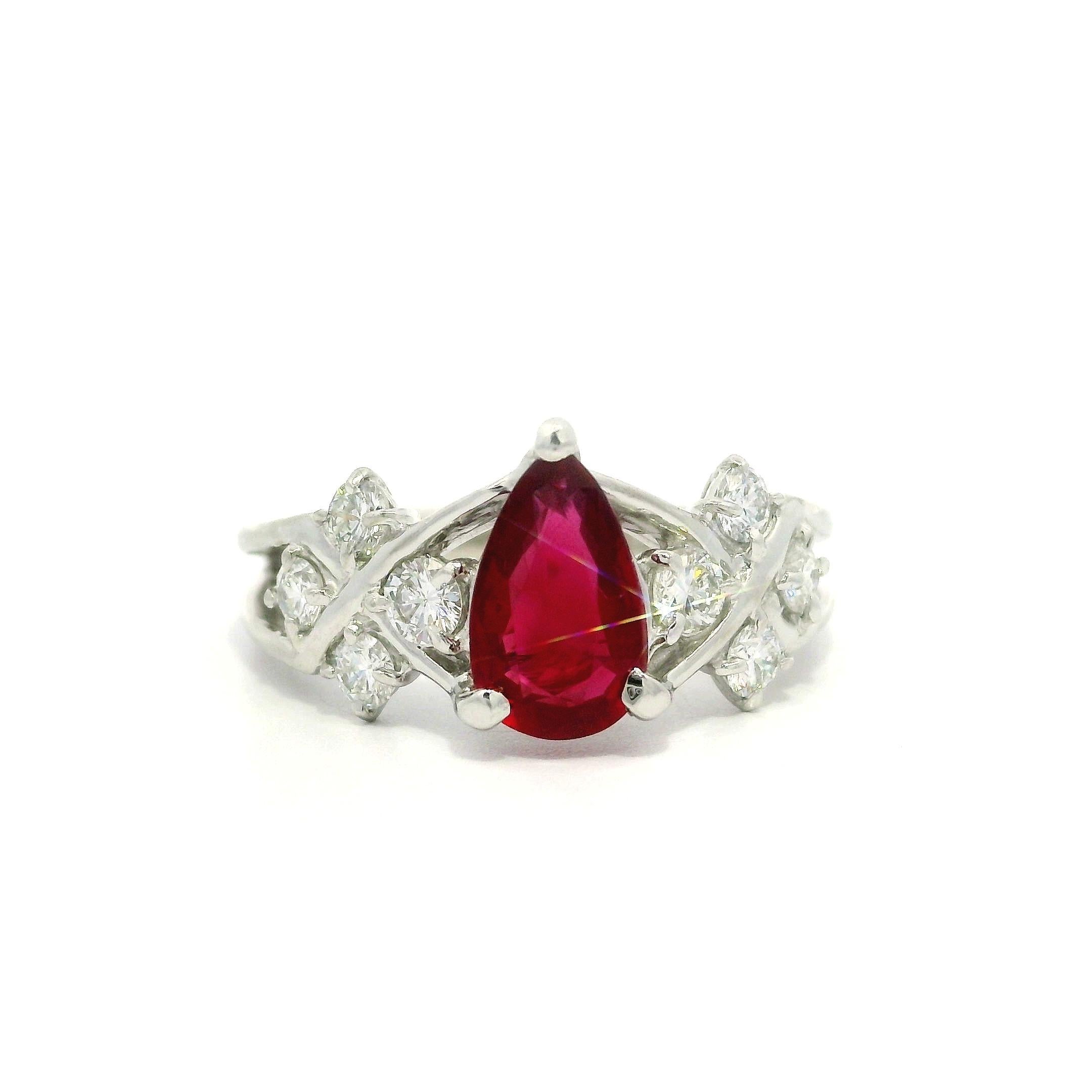 Platinum GIA 1.45ct Vivid Red Ruby Pear No Heat & Diamond Sides Ring For Sale 1