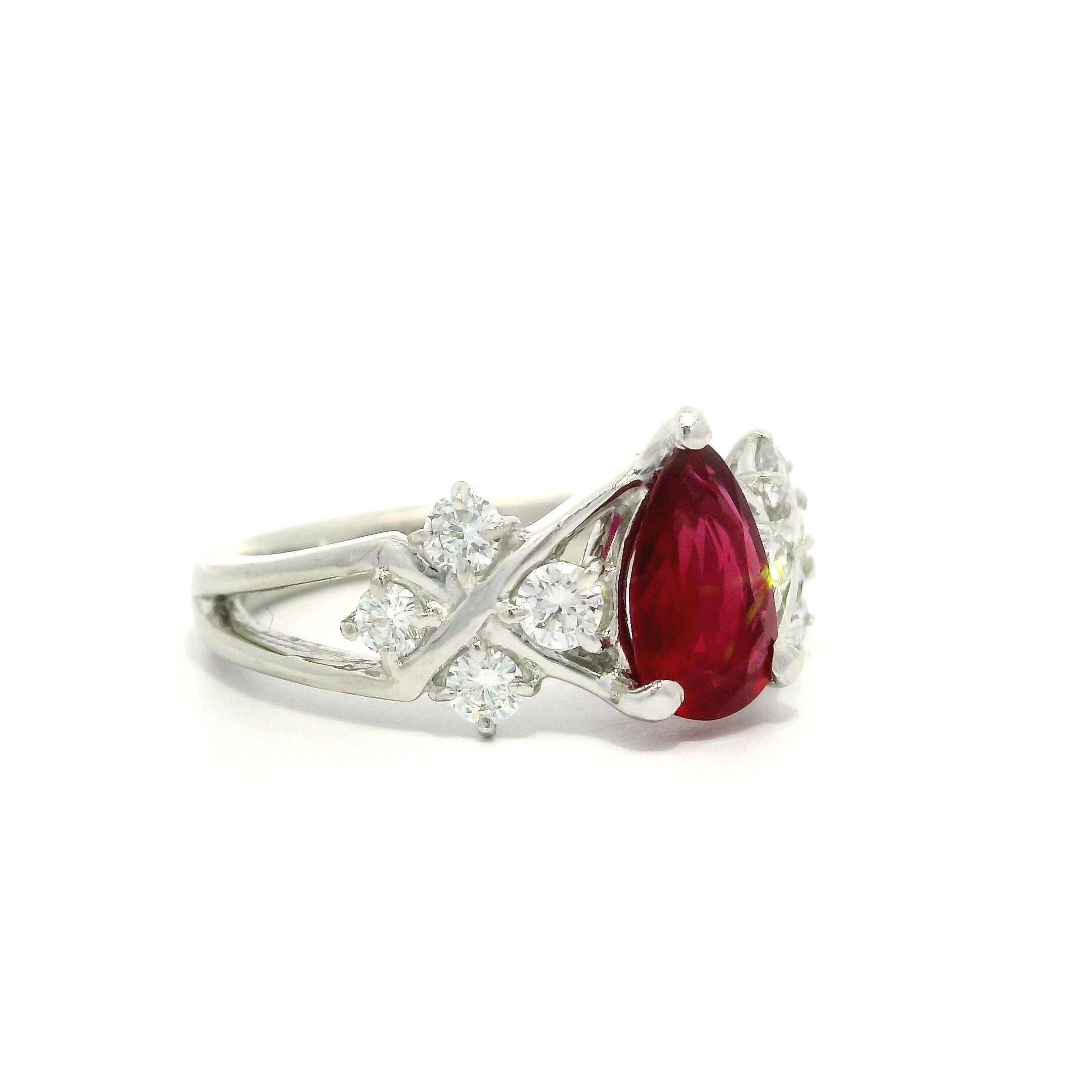 Platinum GIA 1.45ct Vivid Red Ruby Pear No Heat & Diamond Sides Ring For Sale 2