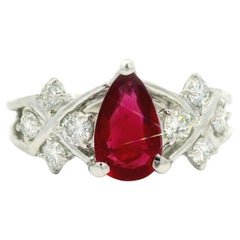 Platinum GIA 1.45ct Vivid Red Ruby Pear No Heat & Diamond Sides Ring