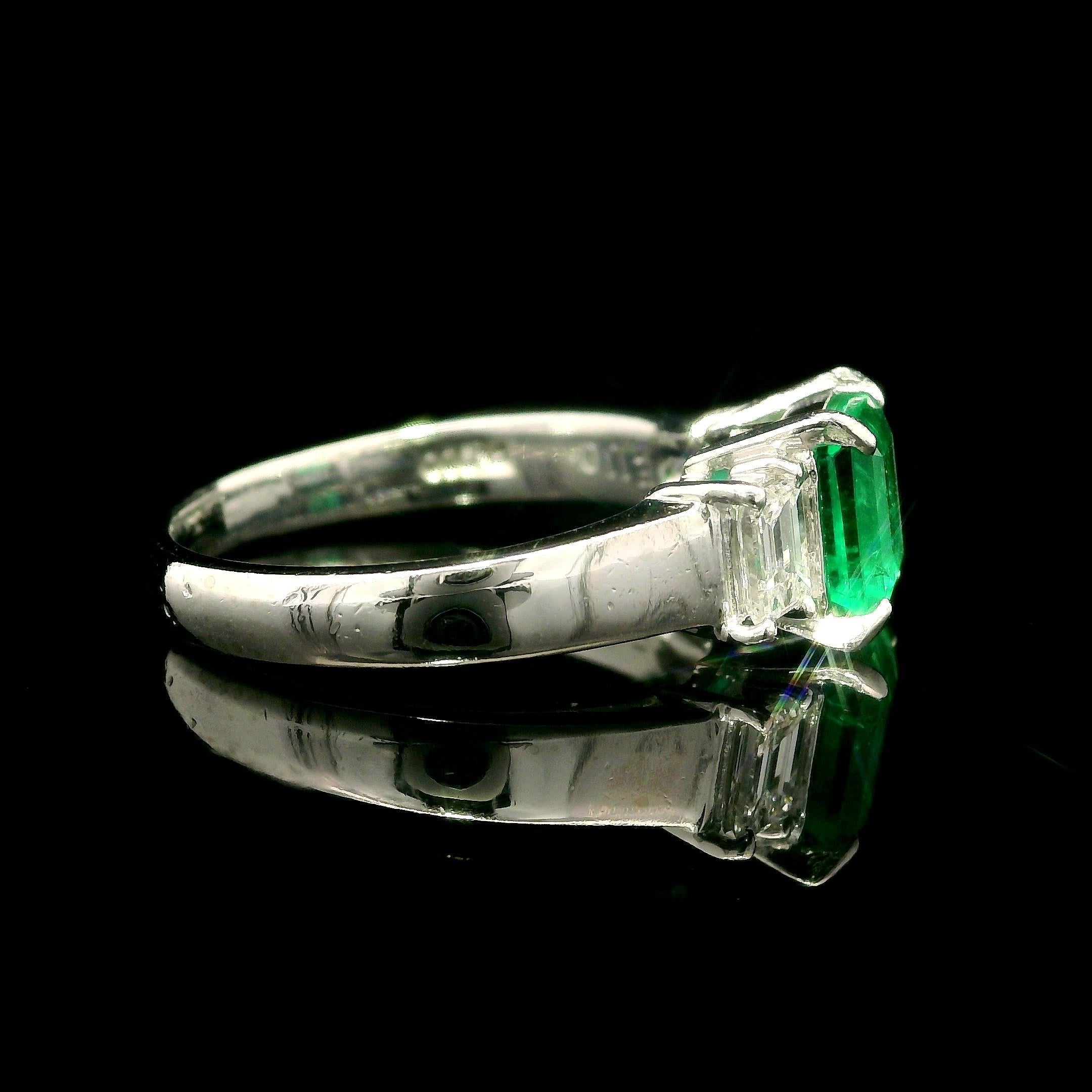 Emerald Cut Platinum GIA 1.47ctw Colombian Emerald w/ Diamond Sides 3 Stone Engagement Ring For Sale