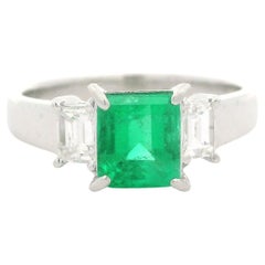Platinum GIA 1.47ctw Colombian Emerald w/ Diamond Sides 3 Stone Engagement Ring
