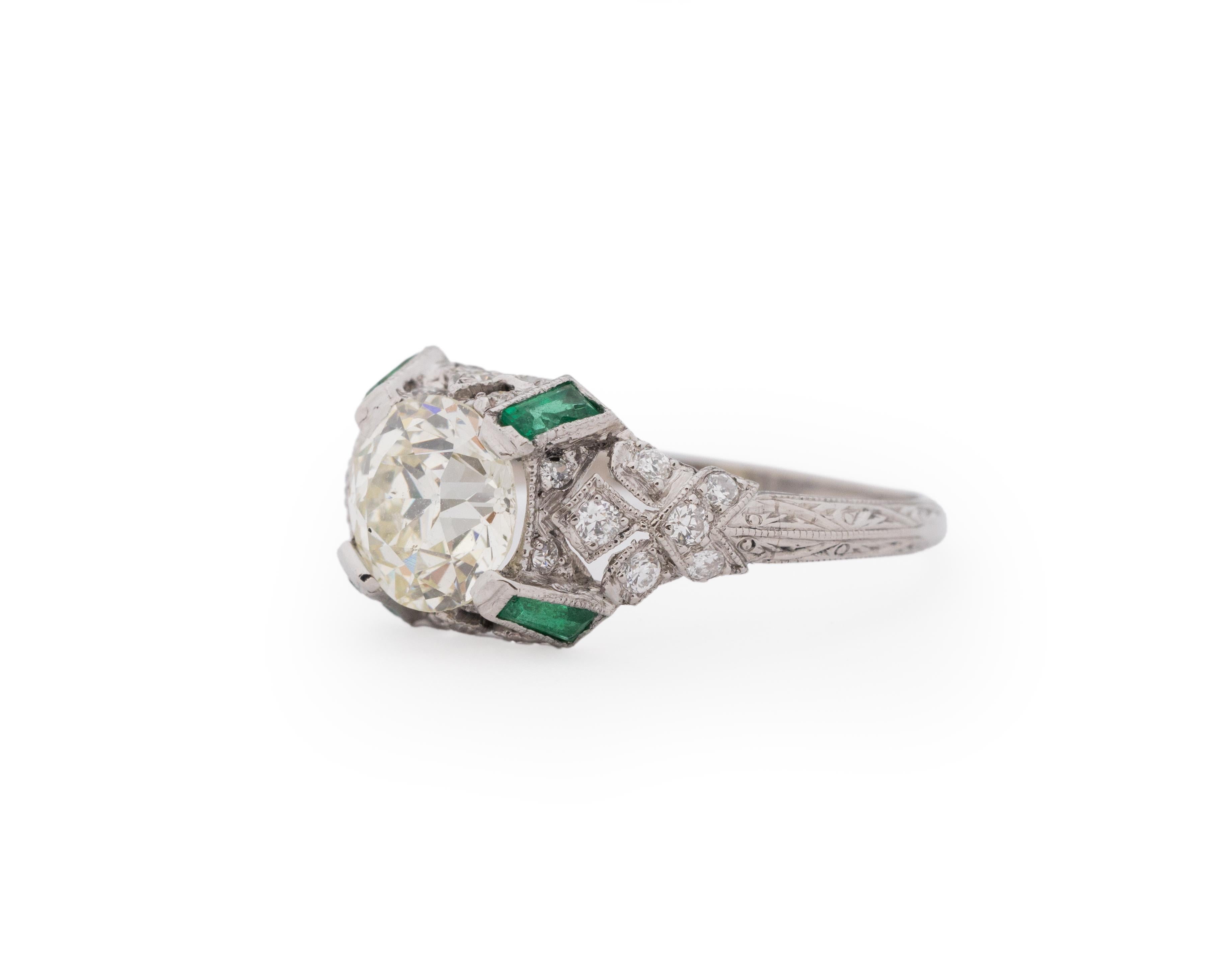 Art Deco Platinum GIA 1.51 Carat Diamond Brilliant Engagement Ring with Emerald Accents For Sale