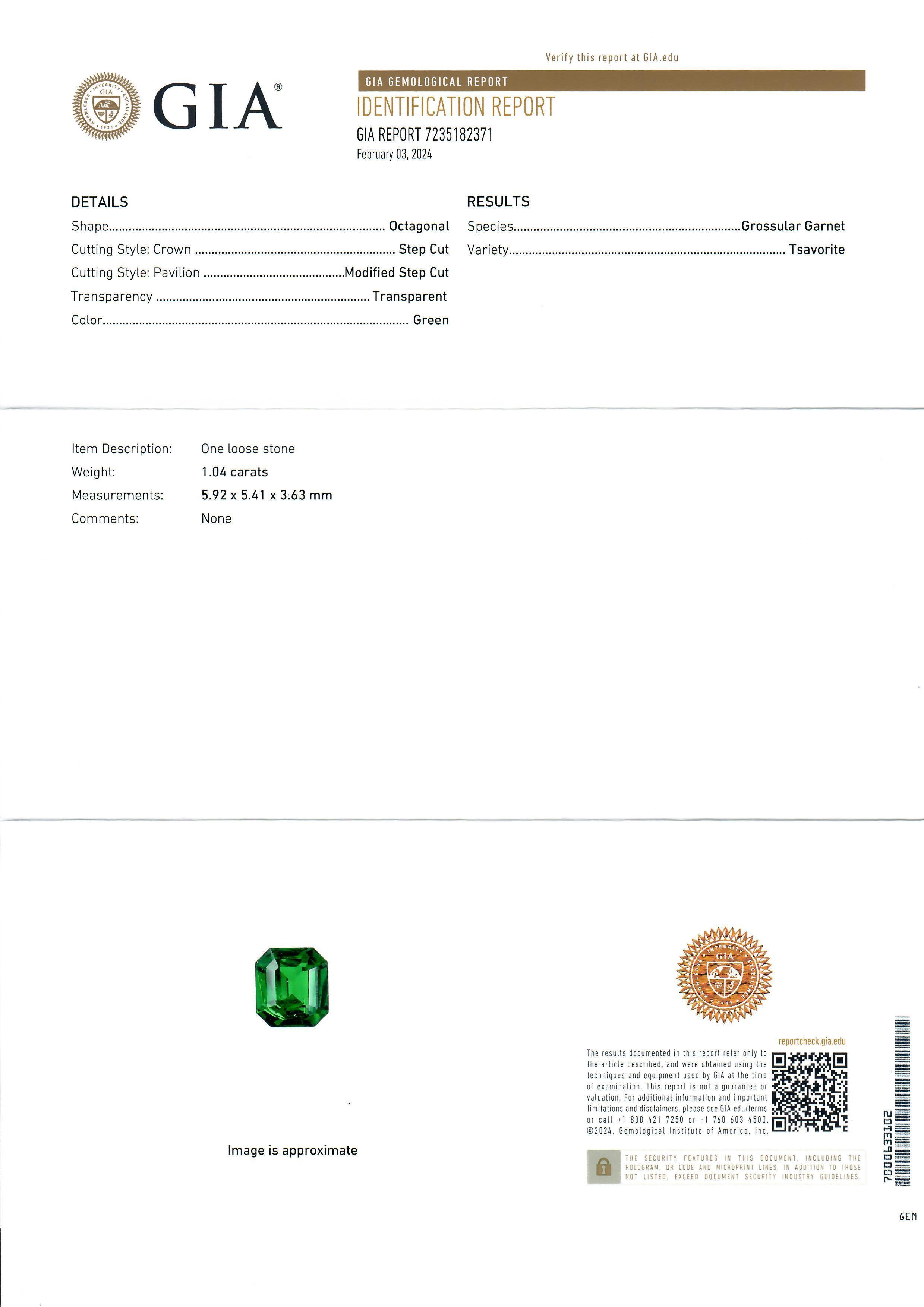--Stone(s):--
(1) Natural Genuine Tsavorite - Octagonal Step Cut - Prong Set - Vivid Deep Green Color - MUST SEE
**See Certification Details Below** - 1.04ct (exact - certified)
(2) Natural Genuine Diamonds - Princess Cut - Prong Set - F/G Color -