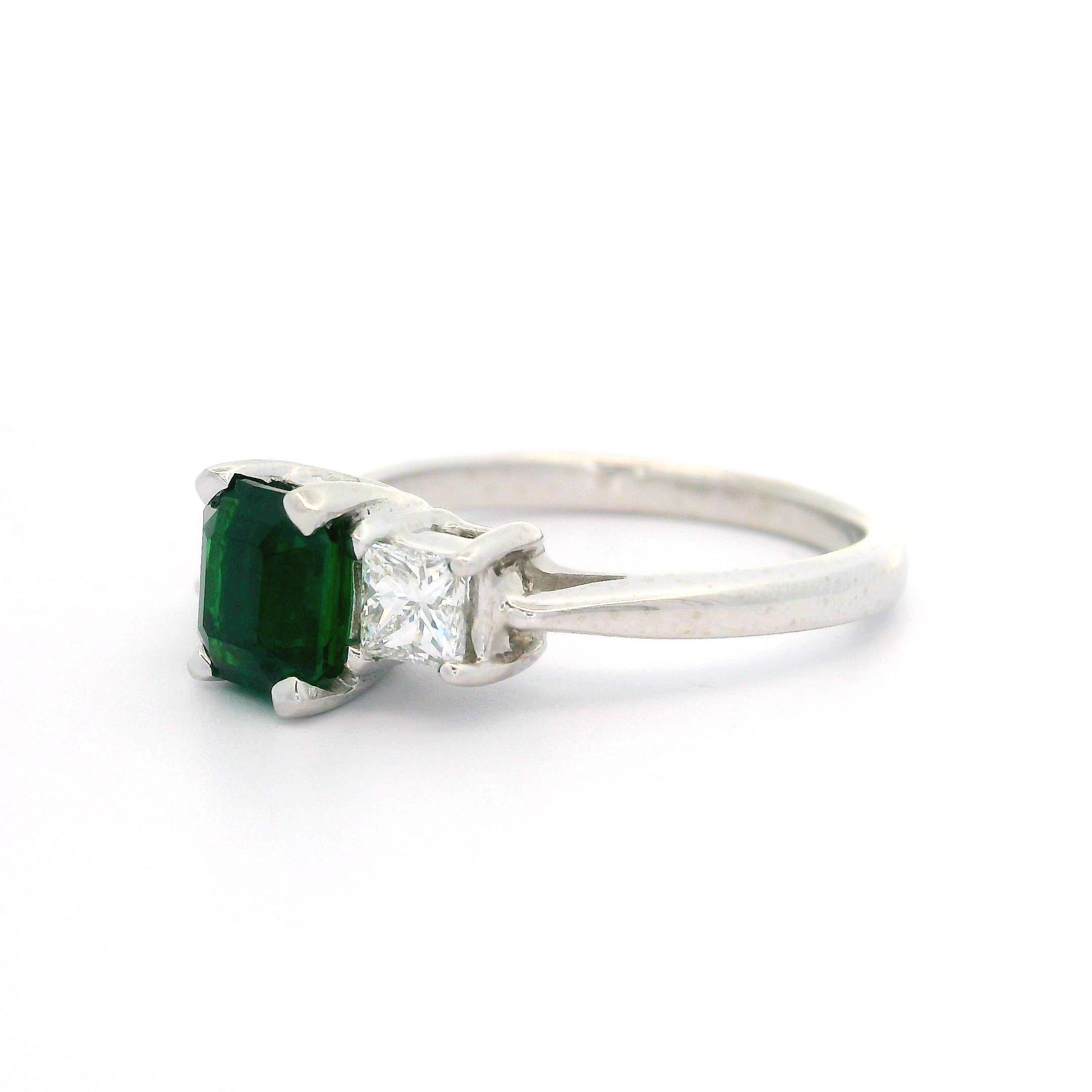 Octagon Cut Platinum Gia 1.54ctw Octagonal Deep Green Tsavorite & Diamond 3 Stone Ring For Sale
