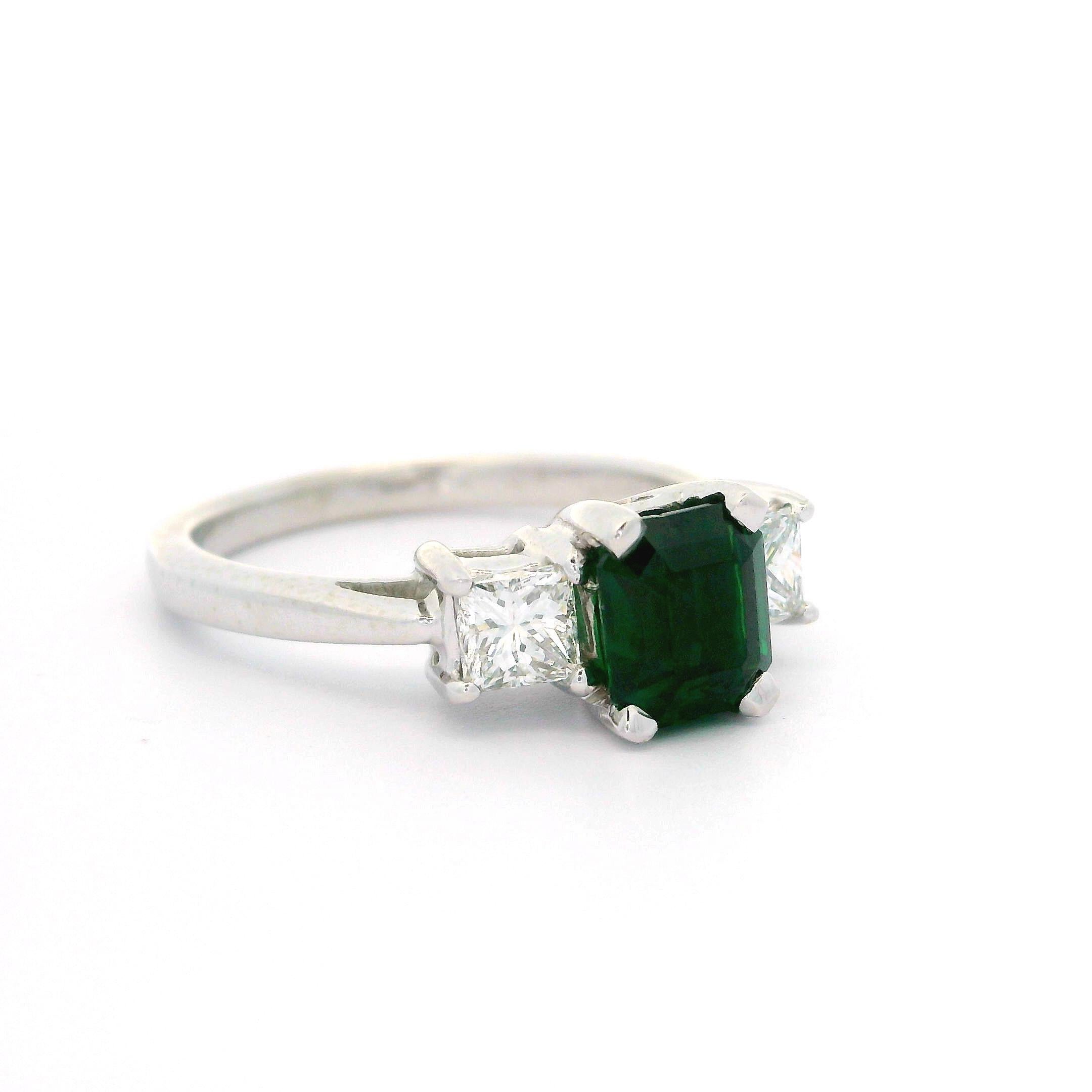 Platinum Gia 1.54ctw Octagonal Deep Green Tsavorite & Diamond 3 Stone Ring In Excellent Condition For Sale In Montclair, NJ
