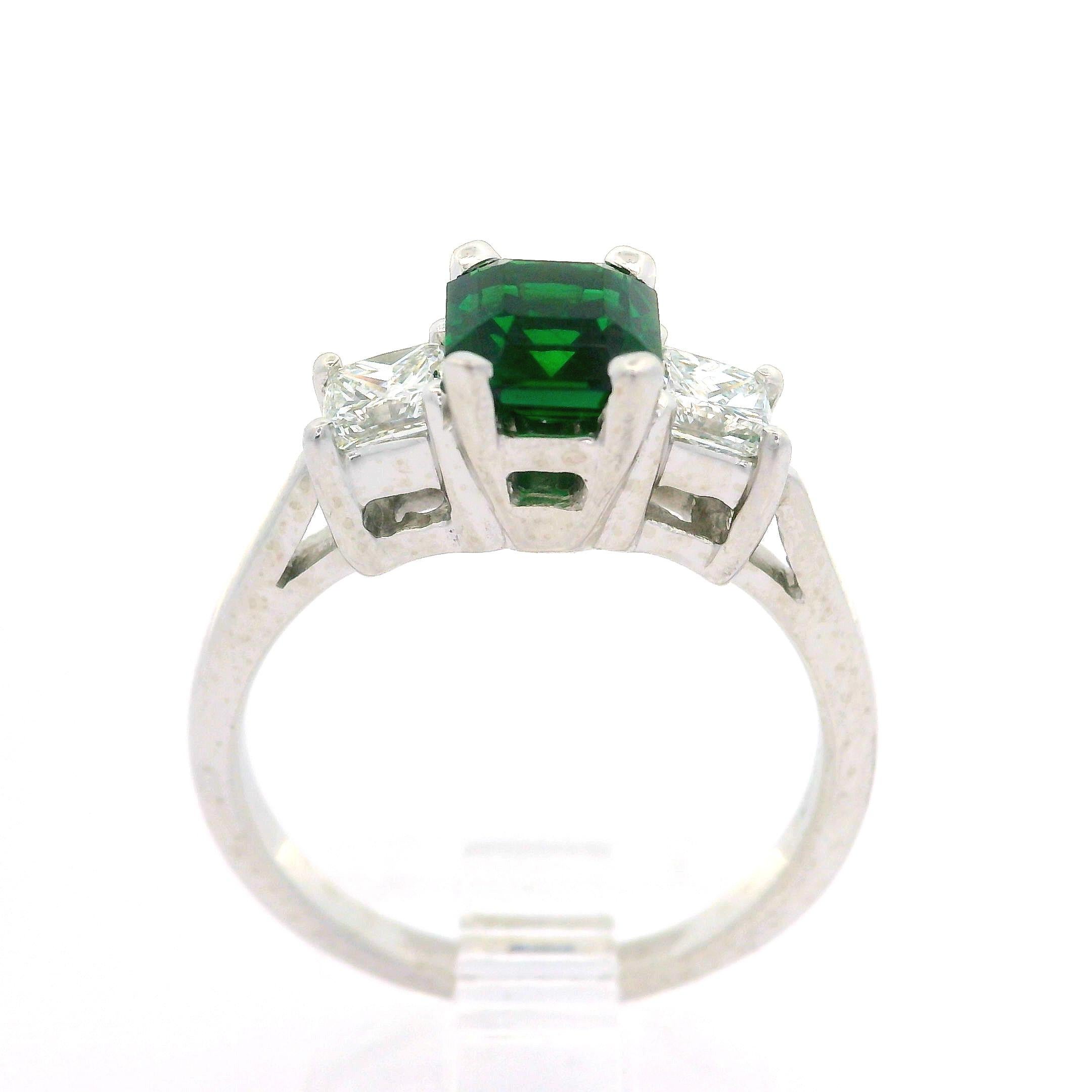 Women's Platinum Gia 1.54ctw Octagonal Deep Green Tsavorite & Diamond 3 Stone Ring For Sale