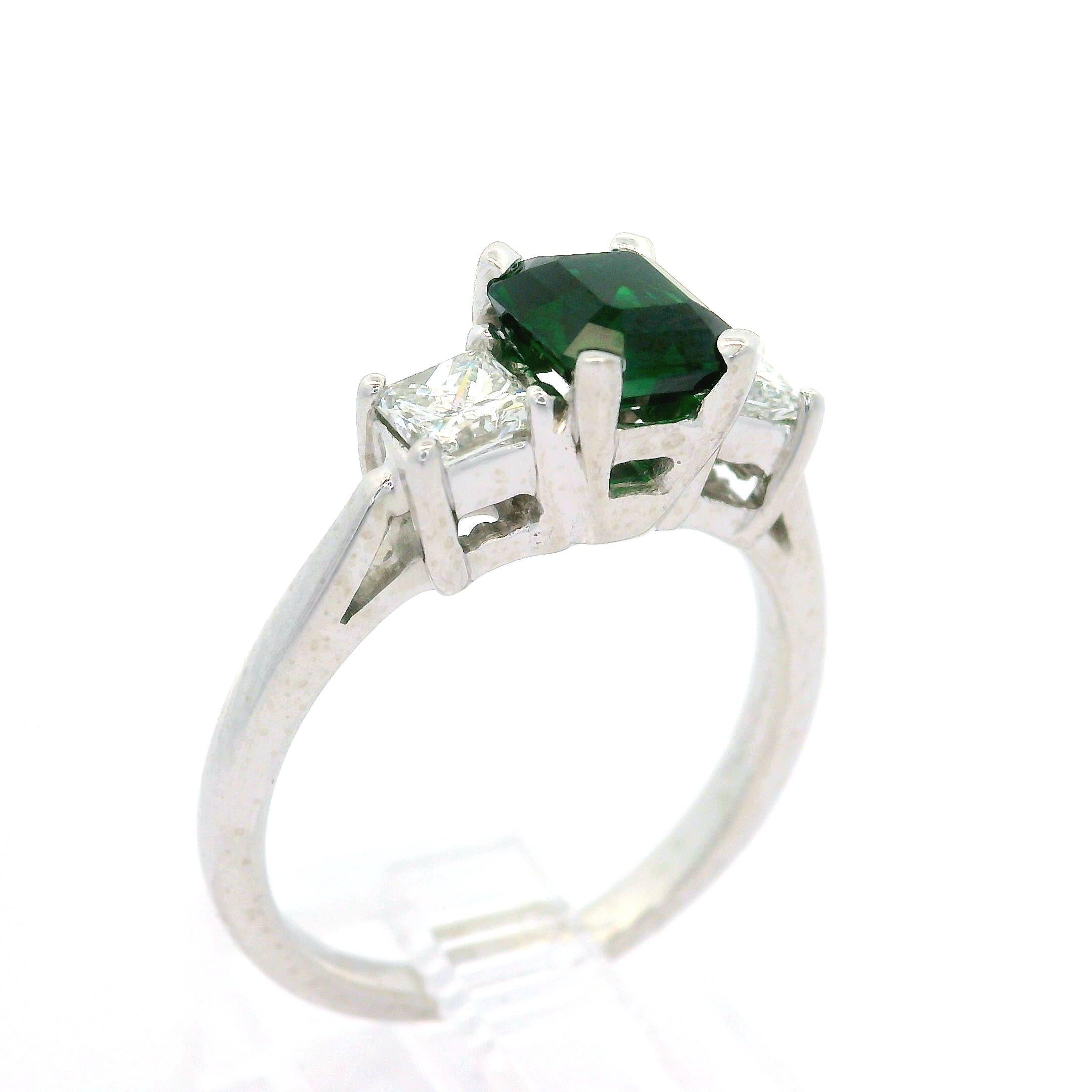 Platinum Gia 1.54ctw Octagonal Deep Green Tsavorite & Diamond 3 Stone Ring For Sale 1