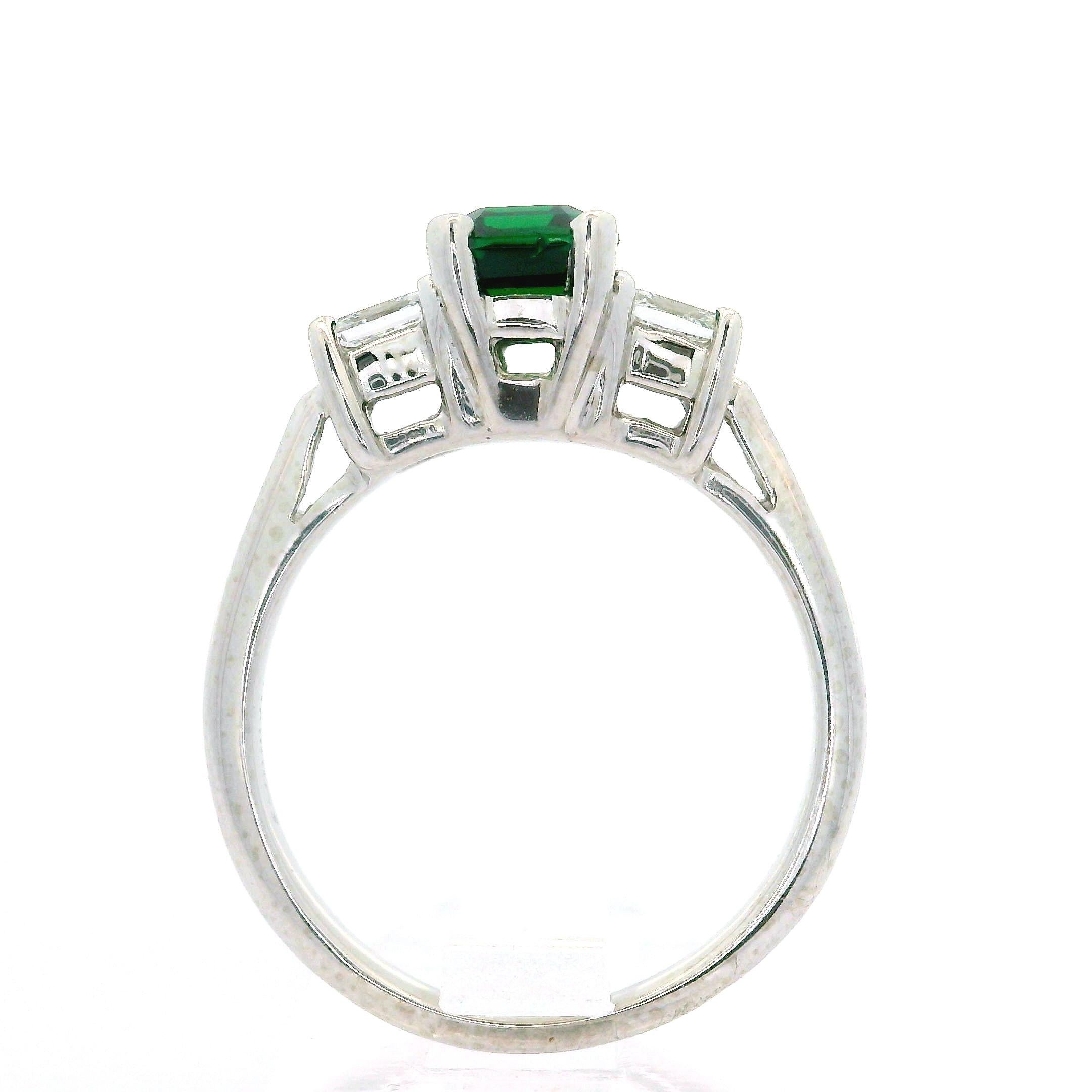 Platinum Gia 1.54ctw Octagonal Deep Green Tsavorite & Diamond 3 Stone Ring For Sale 3
