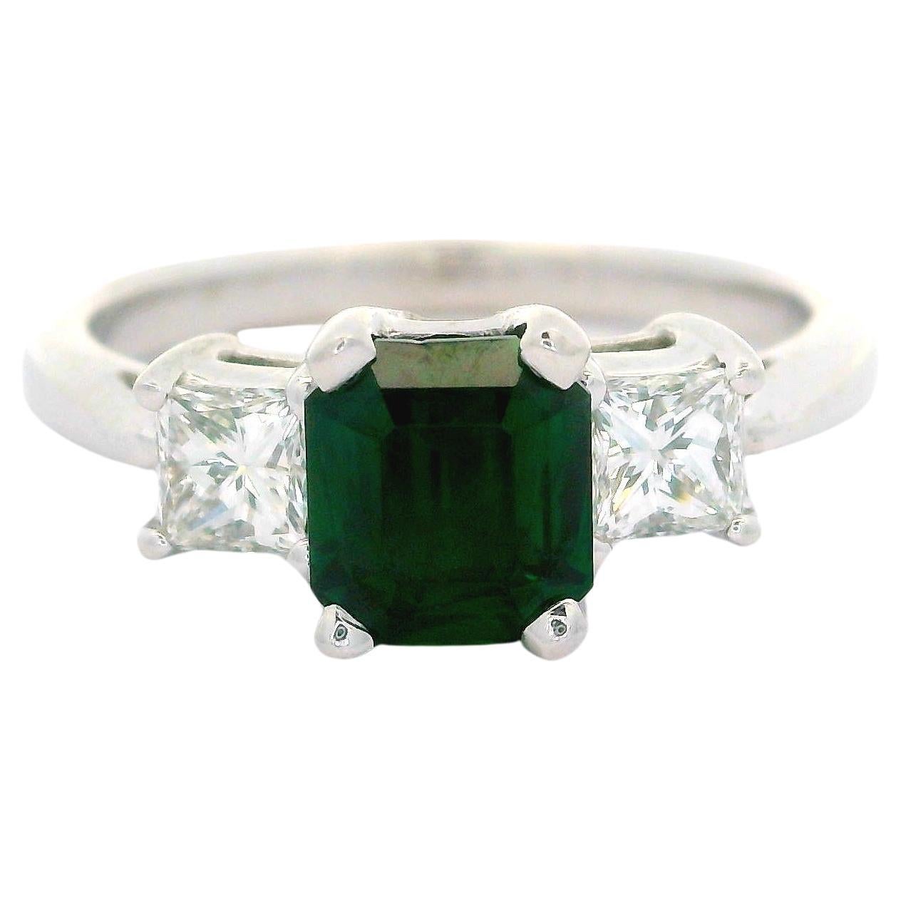Platinum Gia 1.54ctw Octagonal Deep Green Tsavorite & Diamond 3 Stone Ring For Sale
