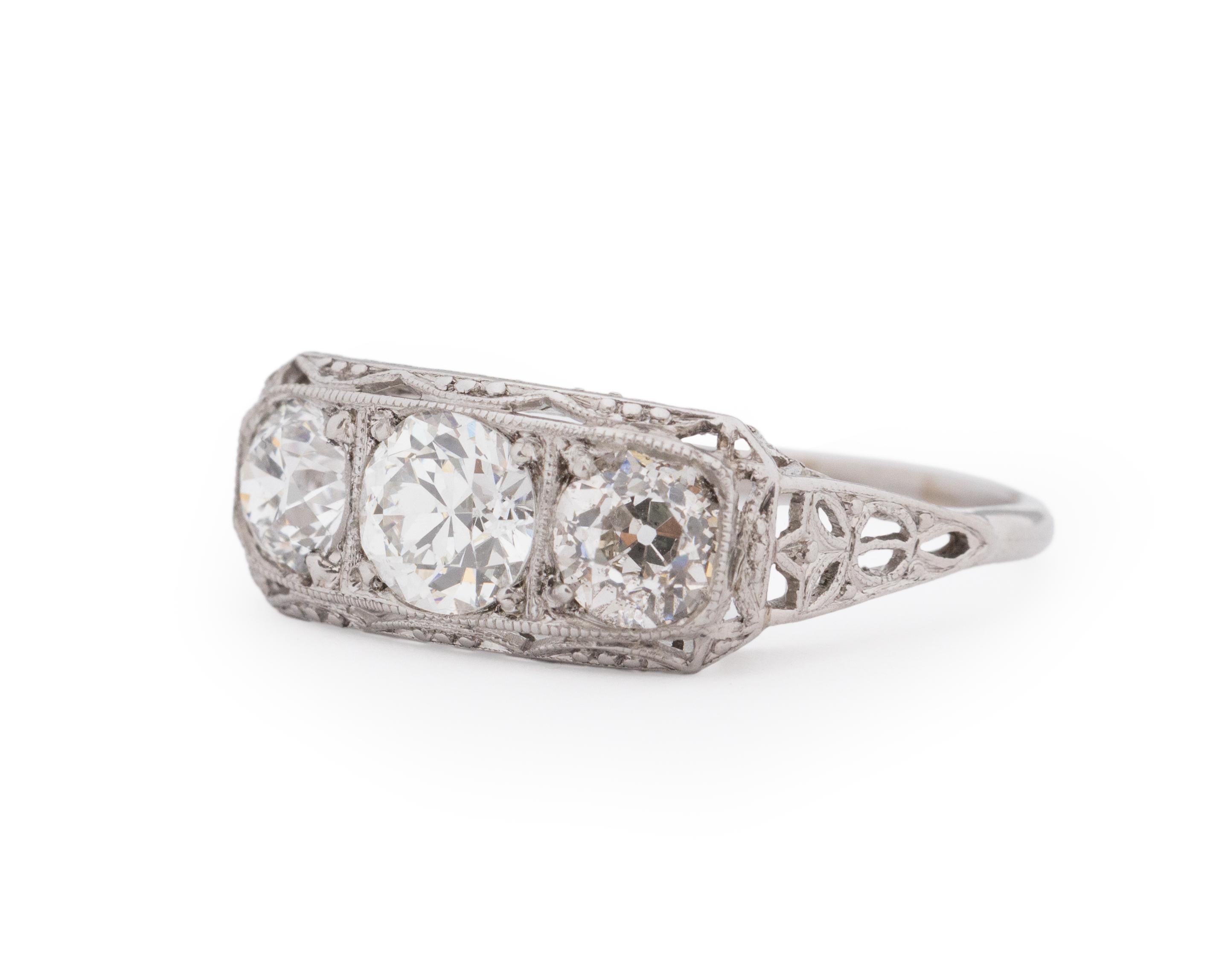 Art Deco Platinum GIA 1.56 Carat Three Stone Old European Diamond Engagement Ring For Sale