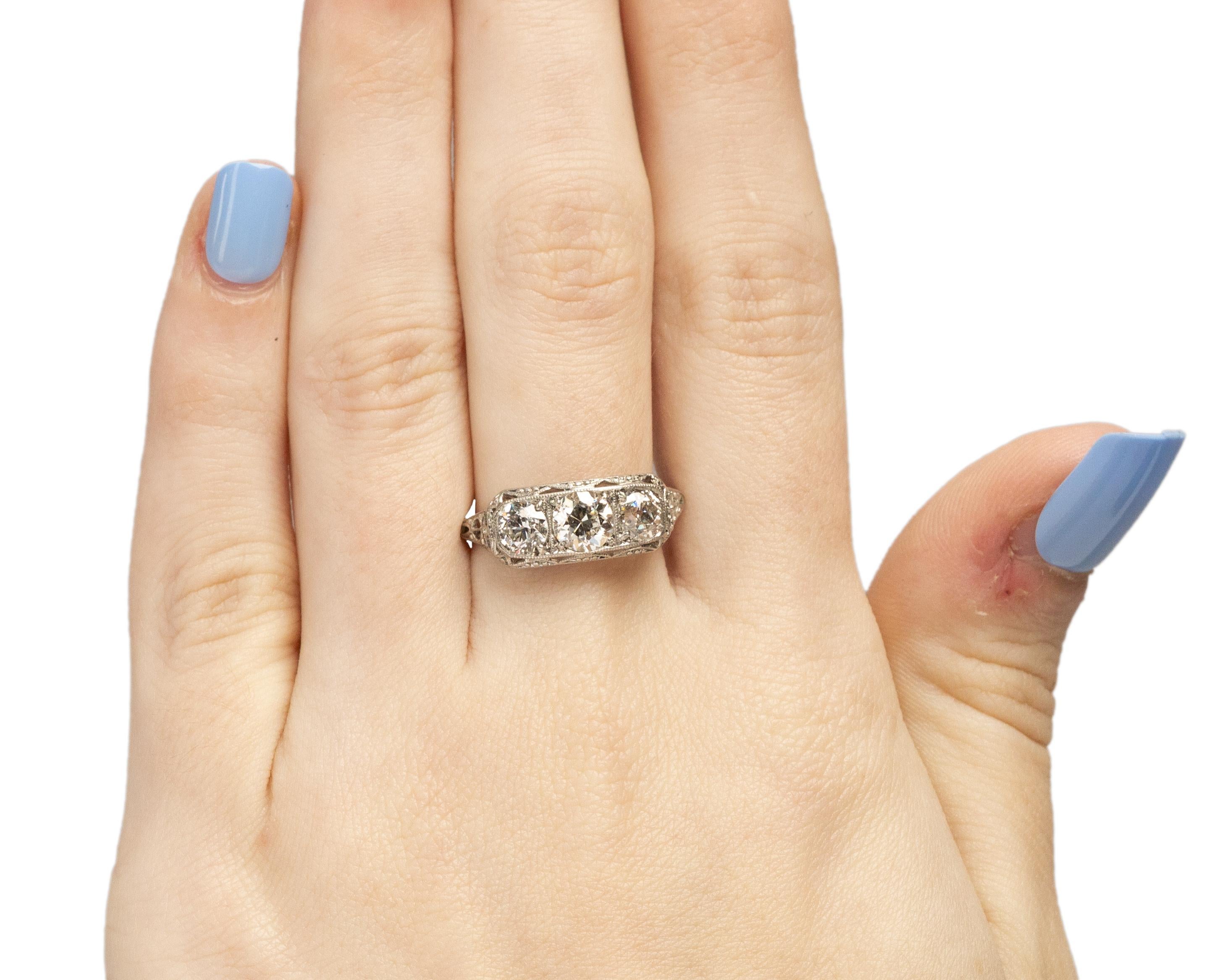 Platinum GIA 1.56 Carat Three Stone Old European Diamond Engagement Ring In Good Condition For Sale In Atlanta, GA