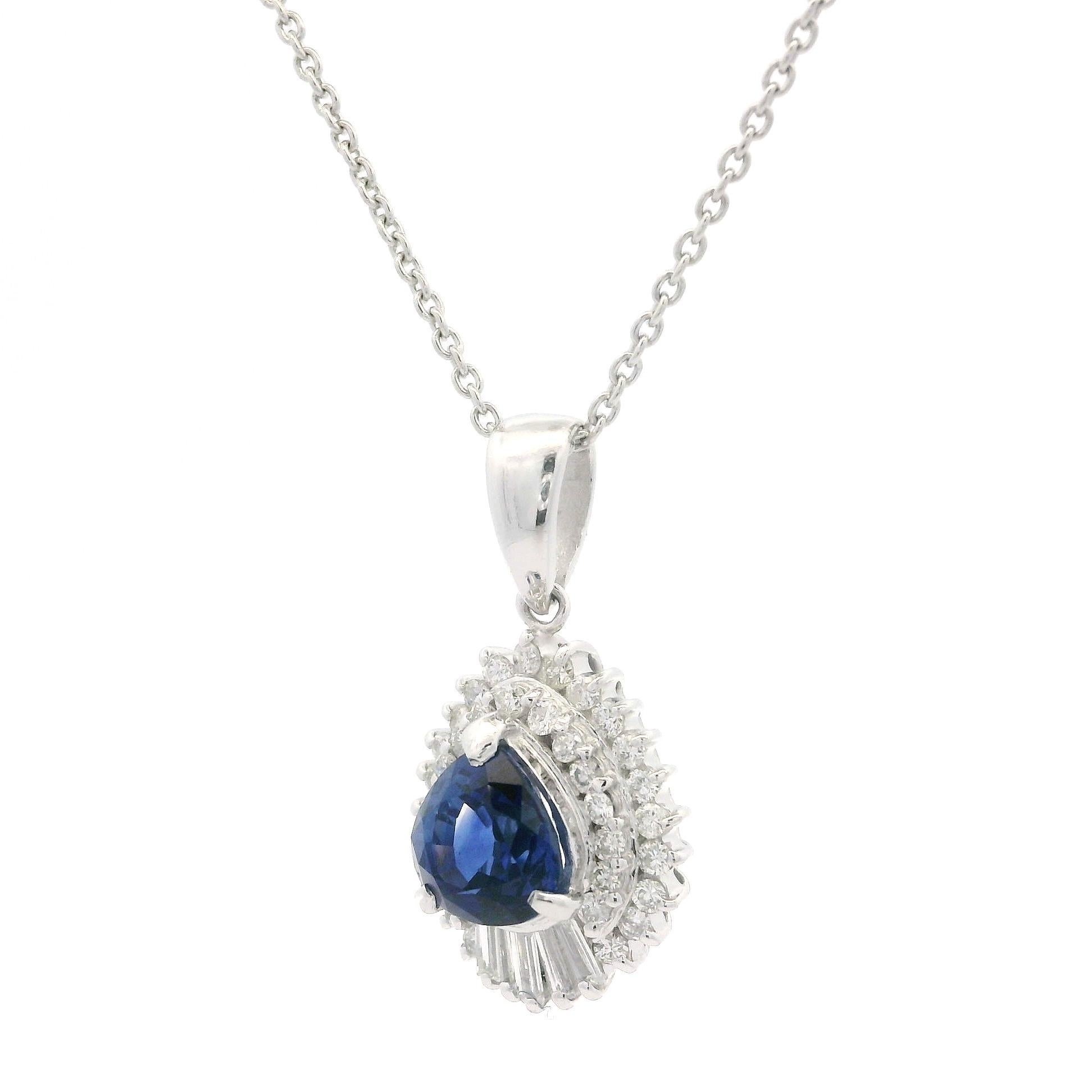 --Stone(s):--
(1) Natural Genuine Sapphire - Pear Brilliant Cut - Prong Set - Rich Royal Blue Color - 1.25ct (exact)
** See Certification Details Below for Complete Info **
(41) Natural Genuine Diamonds - Round Brilliant & Baguette Cut - Prong Set -