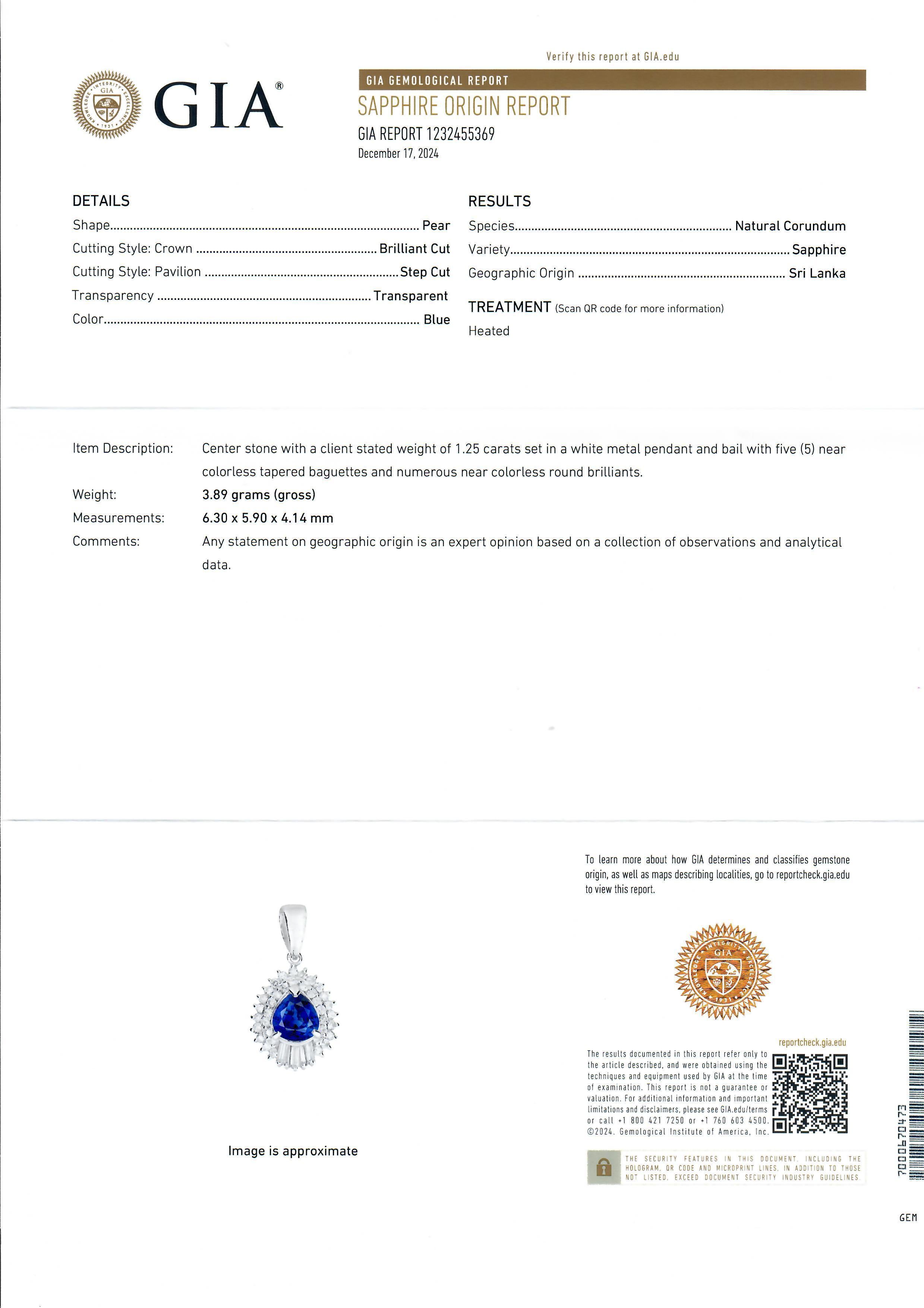 Platinum GIA 1.62ctw Pear Royal Blue Sapphire Diamond Teardrop Pendant Necklace For Sale 1