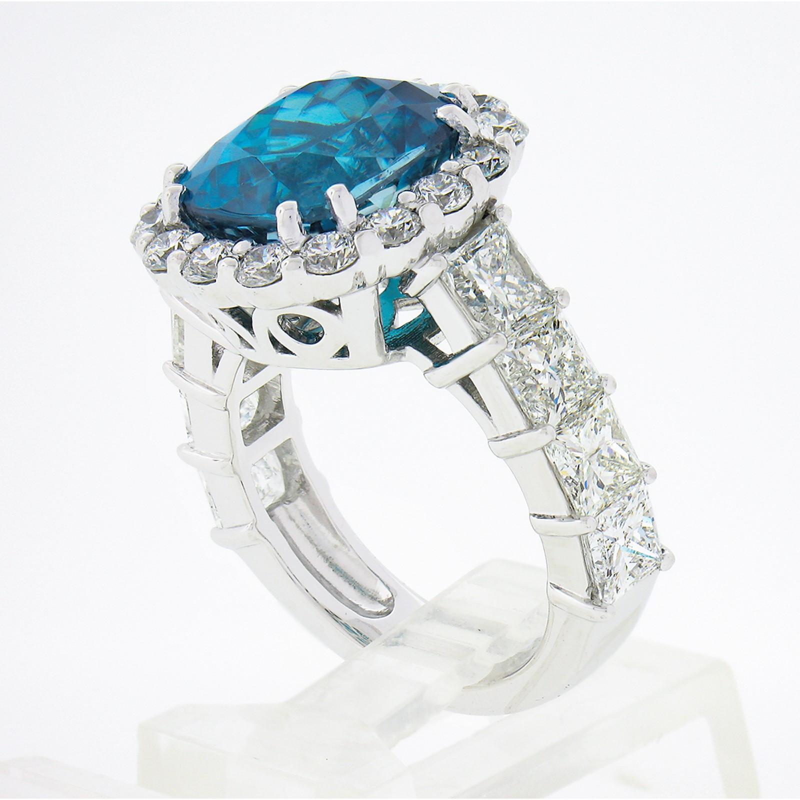Platinum GIA 16.53ctw Large Cushion Blue Zircon Diamond Accents Cocktail Ring For Sale 5