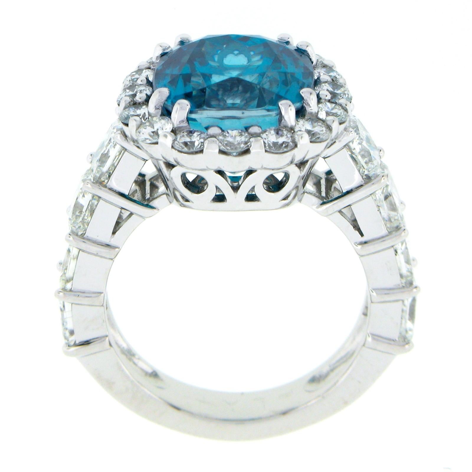 Platinum GIA 16.53ctw Large Cushion Blue Zircon Diamond Accents Cocktail Ring For Sale 4