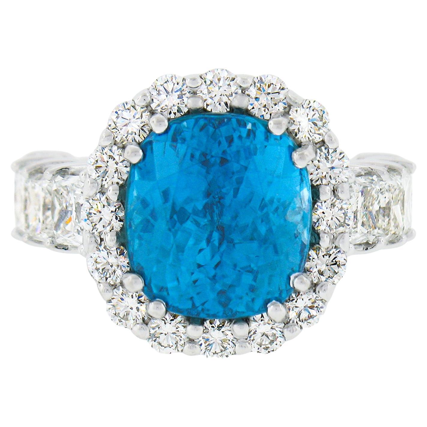 Platinum GIA 16.53ctw Large Cushion Blue Zircon Diamond Accents Cocktail Ring For Sale