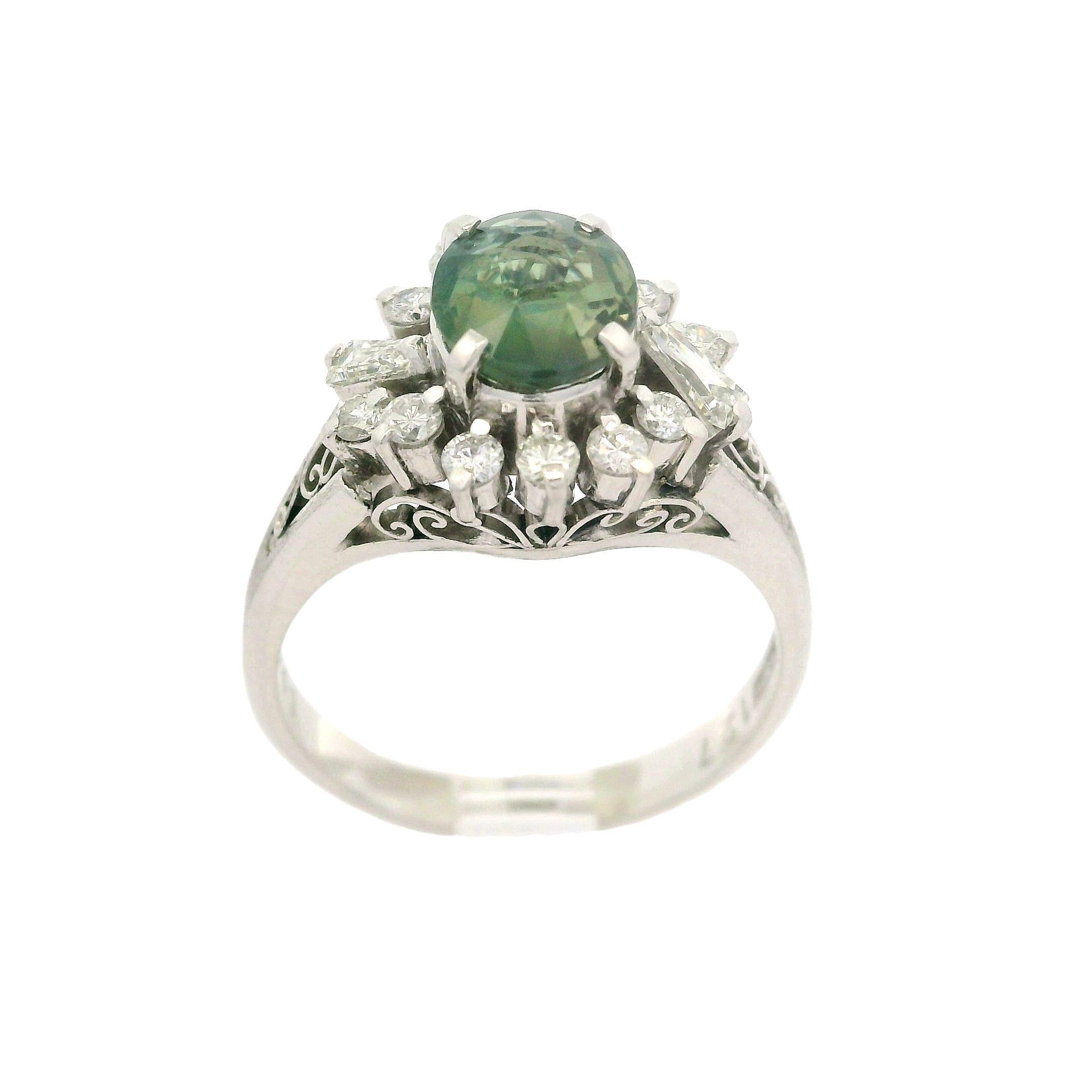 --Stone(s):--
(1) Natural Genuine Chrysoberyl Alexandrite - Oval Cut - Prong Set - Bluish Green changing to Purple Color - Natural Inclusions - 1.27ct (exact -stamped)
** See Certification Details Below for Complete Info **
(14) Natural Genuine