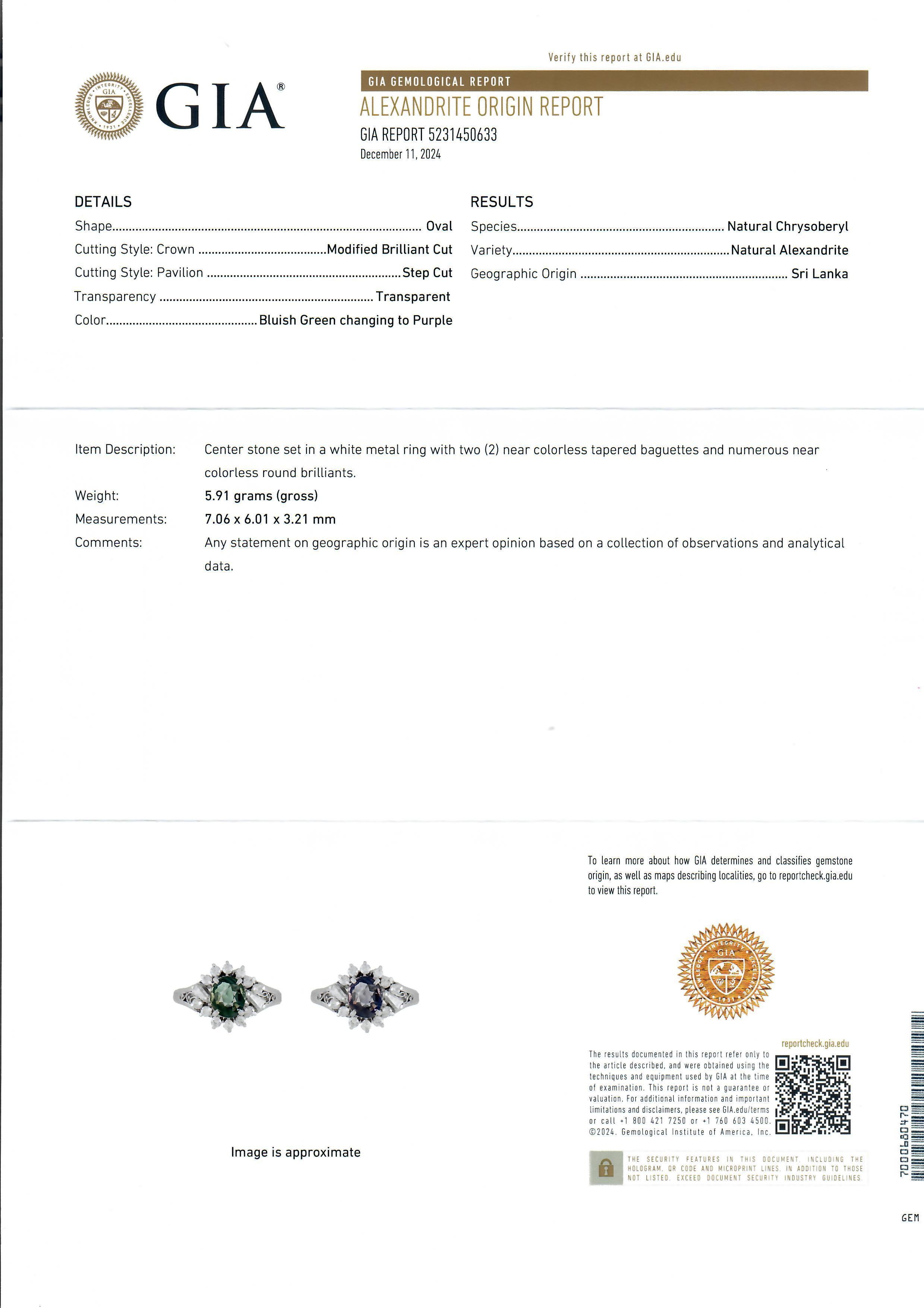 Platinum GIA 1.68ct Ceylon Green Purple Color Change Alexandrite & Diamond Ring 2