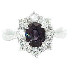 Platinum GIA 1.7ct Oval Color Change Garnet w/ Diamond Halo Cluster Flower Ring