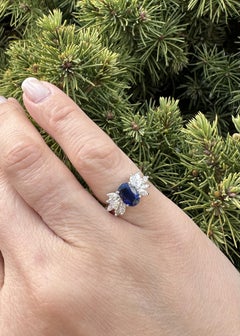 Platinum GIA 1.7ct Oval Royal Blue Sapphire Marquise Diamond Spray Sides Ring